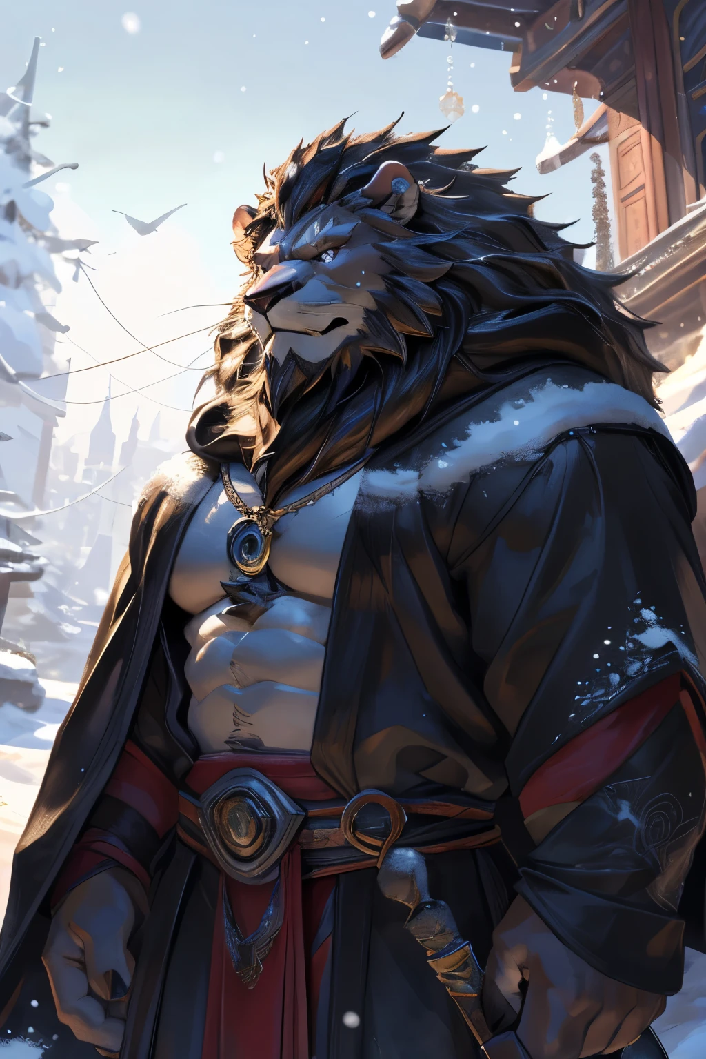 墨黑色皮肤lion),(黑白阴阳 Generally 战袍),holding a long sword, strong posture ,Stand there,Look calm,( The background is a snow-covered city :1.2),abdominal muscles,Heroic Pose飒爽,完美的 masterpiece, Various facial details ,Long-distance perspective,Specific description, masterpiece,CG,(purple eyes),The black and white pattern ,Crimson Tail, Generally ,Heroic Pose,lion,black and silver fur,Specific facial details ,Half Body,(黑白阴阳 Generally 战履),(Chang Ling),((middle aged)),( facial focus ),(16K), HD, Black and white belly,temple,beard,(Face line),Different students,(Black and white yin yang shirt ),( black and blonde hair ),Strong, muscle,(high resolution:1.3),(stands in front of a city covered in snow and ice),(close up),(detailed face:1.5), perfect detail ,(Half Body),(detailed facial description:1.5),(Zoom in on the face:1.5),(白色Face line:1.2),(黑色beard:1.3),(white face;1.6),golden body lion,slightly round belly, purple-black fur, dense chest and belly fur, heterochromia (left eye gold, right eye purple), detailed facial features, arms with tribal tattoos, sharp claws, wearing a red and black cloak, chest and abdomen exposed, full chest, with a lion-shaped necklace, standing in a mysterious twilight setting with ancient stone pillars and burning torches, epic and dramatic,4K resolution,SFW,图
masterpiece,is of the best quality,studio lighting,Confident Gesture,sparkling eyes,Perfect Face,perfect hands, DETAILED NOSE , Detailed Eyes,True colors,Rengar, male, cats ,wilderness, Hihelzflux,lion,A lush mane,Topless,dark blond hair