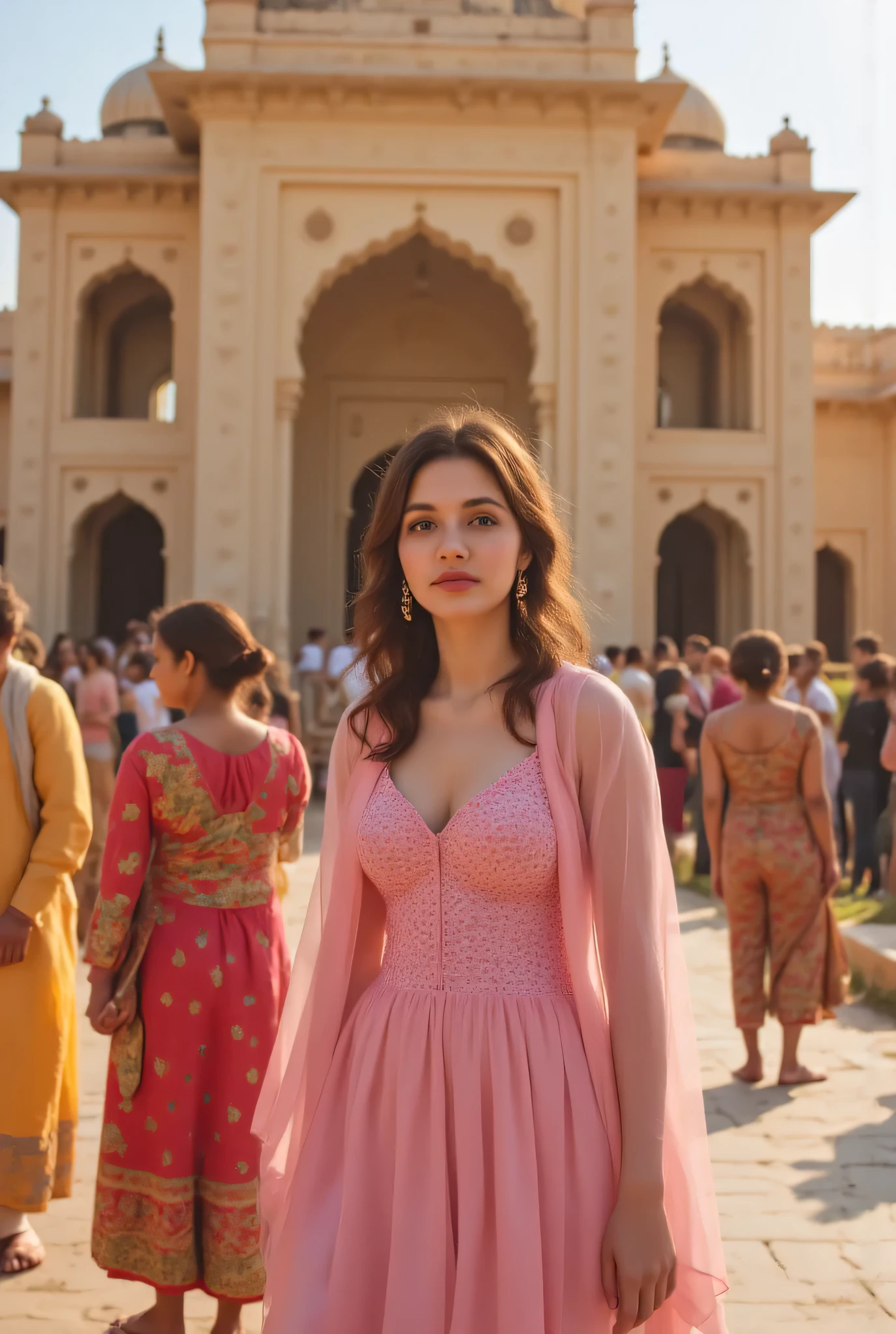 24 year girl in Indian village not modern village rural vibe wearing pink gujrati dress in hawa mahal jaipur in front of local people