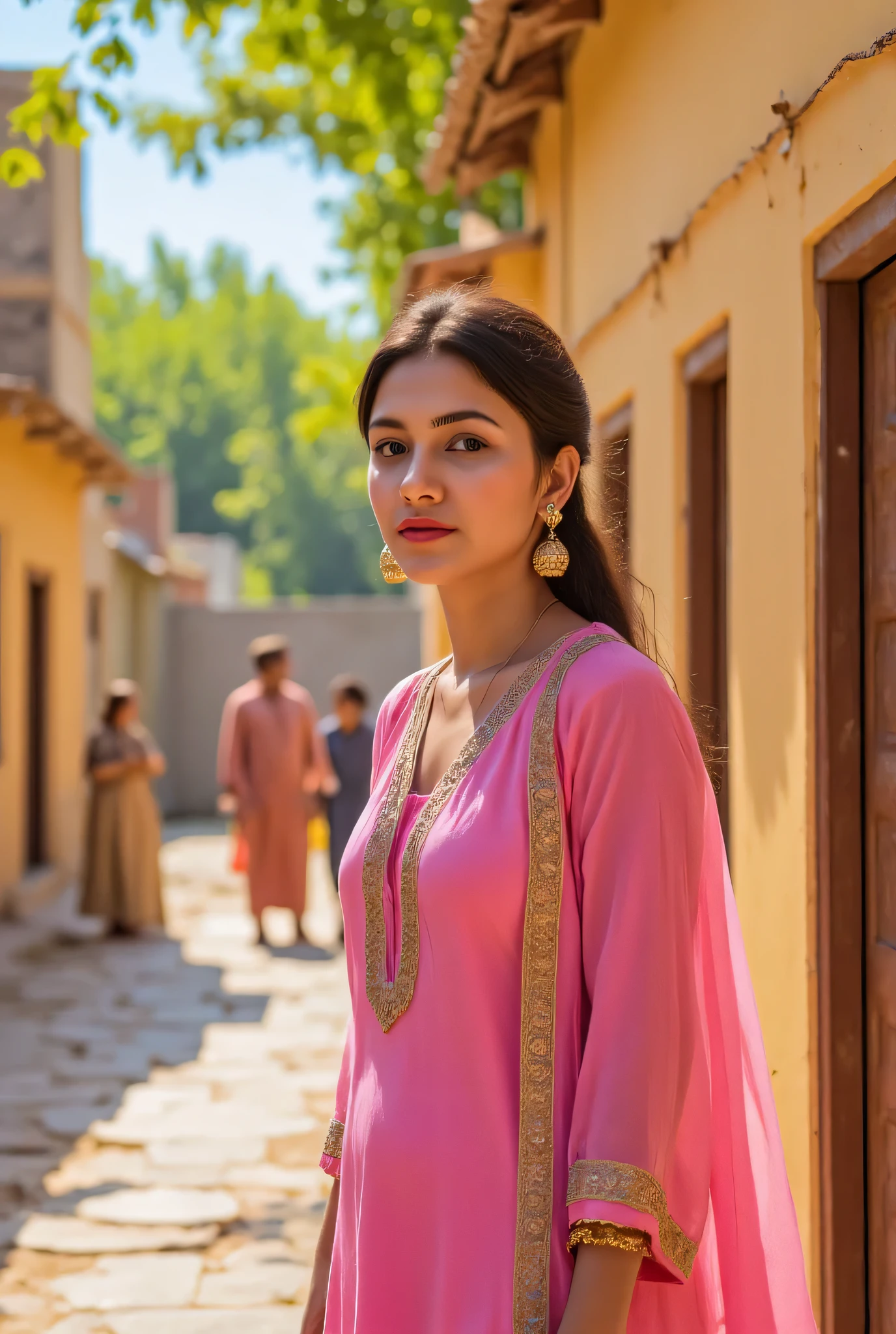 24 year girl in Indian village not modern village rural vibe wearing pink gujrati dress in hawa mahal jaipur in front of local people