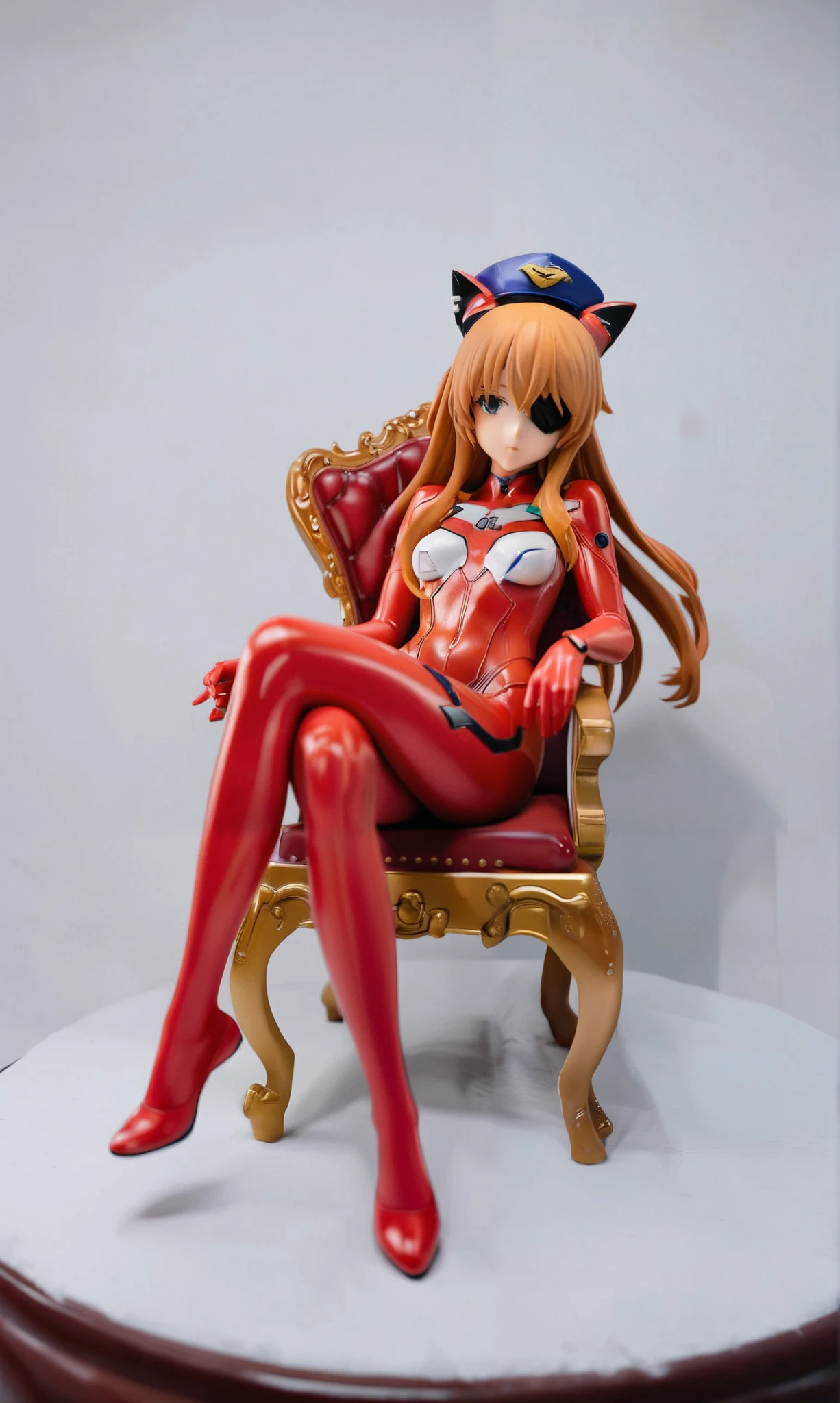 miaokapvc,1girl,souryuu asuka langley,neon genesis evangelion,rebuild of evangelion,lance of longinus,cat hat,plugsuit,pilot suit,red bodysuit,sitting,crossed legs,black eye patch,throne,looking down,from bottom,looking at viewer,outdoors,masterpiece,best quality,very aesthetic,absurdres, amazing piece of art, very detailed