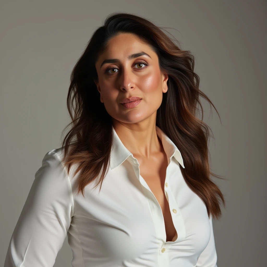 ntg kareena kapoor, white suit with necklace, seductive expression, studio lighting, photography studio backdrop, 1girl, solo, masterpiece, detailed photo, highly detailed, high definition, Hasselblad, no makeup, no filter, rustic, <lora:ntg_kareena_kapoor_1-rv51:1>, looking at camera, cowboy shot, close up, parted lips,