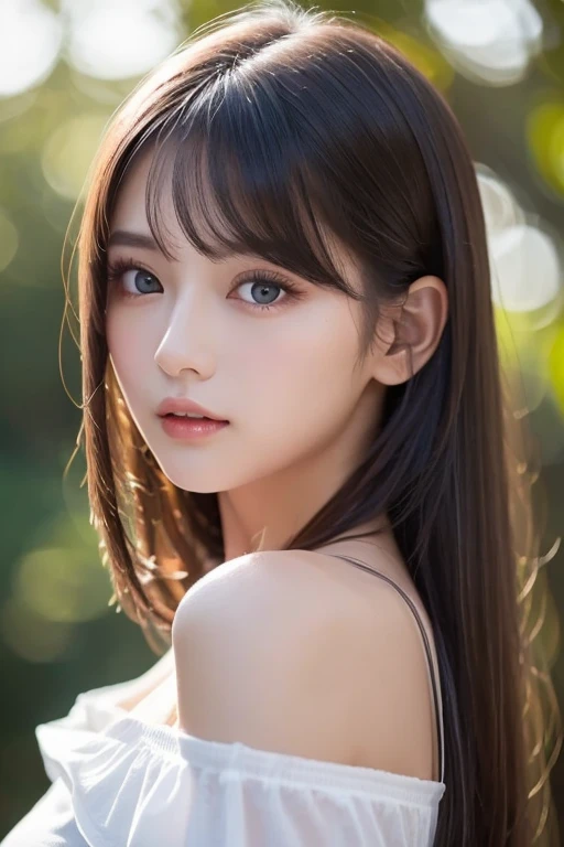 Close-up portrait of a woman wearing a brown off-shoulder top dress and earrings, soft portrait shot 8k, nice delicate face, High quality 4K portraits, high quality portrait, soft and perfect pale skin, 8K highly detailed face, beautiful delicate face, beautiful light big eyes, beautiful and realistic face, beautiful young woman, beautiful and realistic face, cute young woman