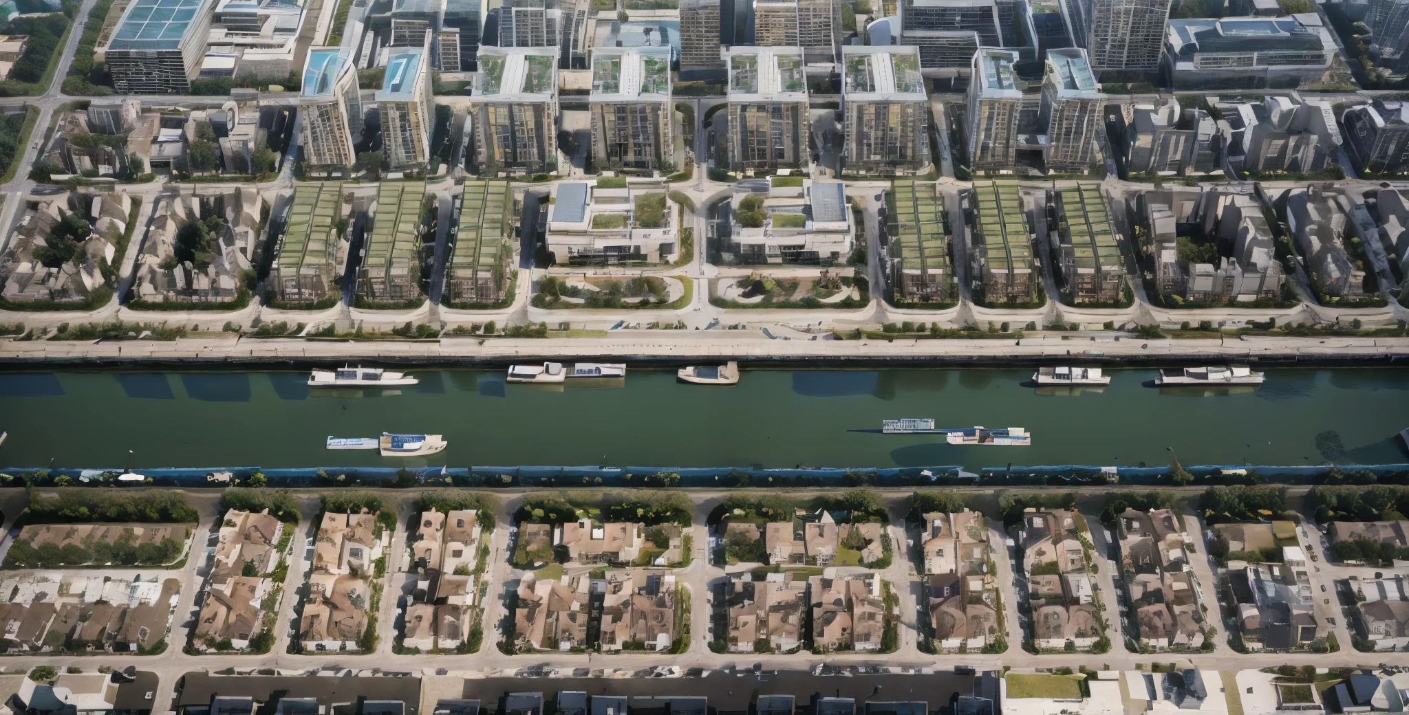 aerial view, cityscape by the canal, modern villas, modern apartment buildings, bright commercial building in the middle, some barges on the canal