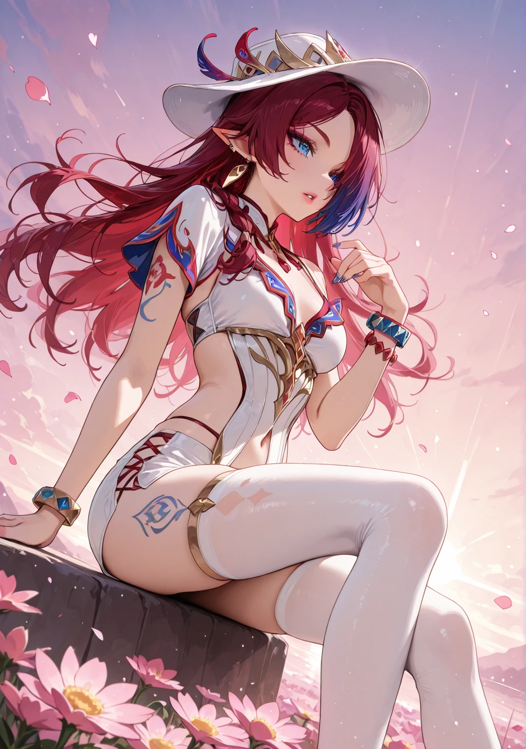 Master piece,best quality,ultra-detailed,high resolution,octane render,vndvalkyrie,(Two-toned hair with pink and light blue tips),shining hair,She has long eyelashes that add to her captivating appearance,(1 girl),white side-tie panties,gold accents,pretty dress with lots of frills and embroidery, holding skirt hem with both hands, from below,Torn clothes,red Stockings,garter belt,seductive young woman,female focus,pointy breasts,full body,(perfect body),standing,midriff peek,black Choker with chains and Midi Ring,big bright green eyes,glowing eyes,(beautiful detailed eyes),highly detailed face and hair, detailed eyes,pale eyes,shining eyes,a well-defined nose,pinky skin,glowing and smooth skin,cute,cool,pale skin,faint lips,seductive and confident smile,open mouth.Blushing face,The overall image is of high quality, with a resolution of 4k or 8k. It is a masterpiece of art, holding hair ornament,vibrant colored lips. She has long eyelashes that add to her captivating appearance. The girl's hair is styled in a sleek and sophisticated,creating a visually stunning effect.adding to the overall appeal,holding_weapon,Dagger,shy,Blushing face,fantasy,sweat,steam,(in the Woods with tentacles),tentacles,dynamic angle,standing with arms up,