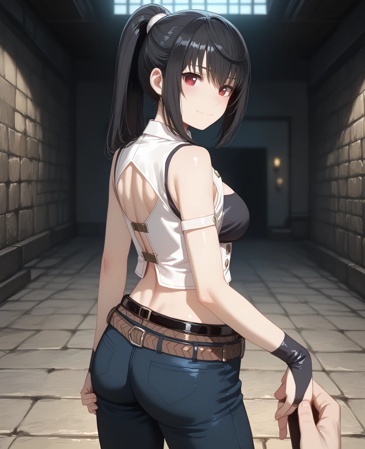 score_9, score_8_up, score_7_up, score_6_up, score_5_up, score_4_up, source_anime, 1girl, worth, The stone wall, black hair, twintails, blue eyes, w-w-chain, shackles, raise arms, clean hair, get wet shirt, leather skirt, brown thigh high boots, heels, rain, dungeon, best quality, best res, 4K UHD,
 