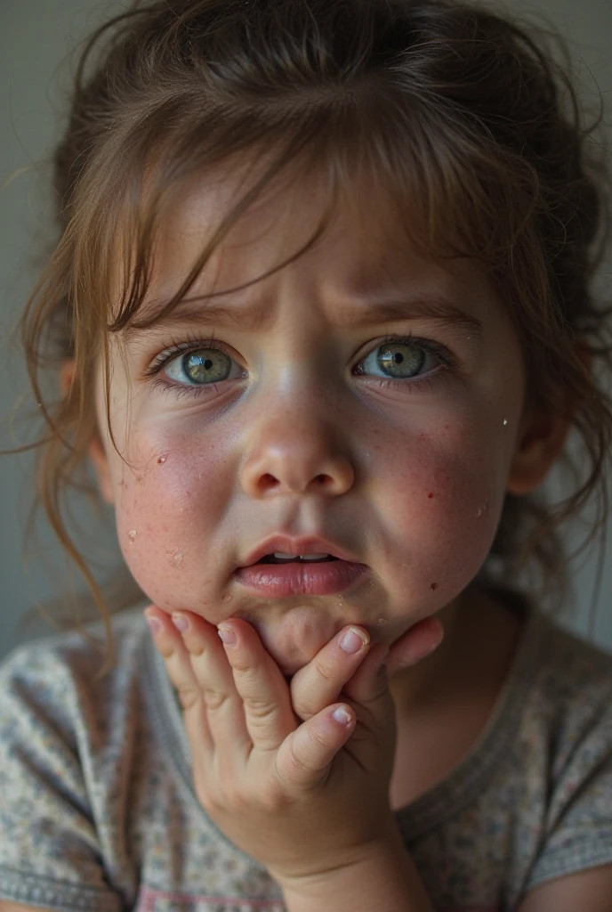 A  crying and scared, from the shoulders up. The childbig, bright eyes, and tears are streaming down his face. The mouth is half-open in a sob of pain. Her hair is messy and sweaty. Her skin is pink and scratchy. The child wears a dirty t-shirt. The background is gray and hazy, with no details.