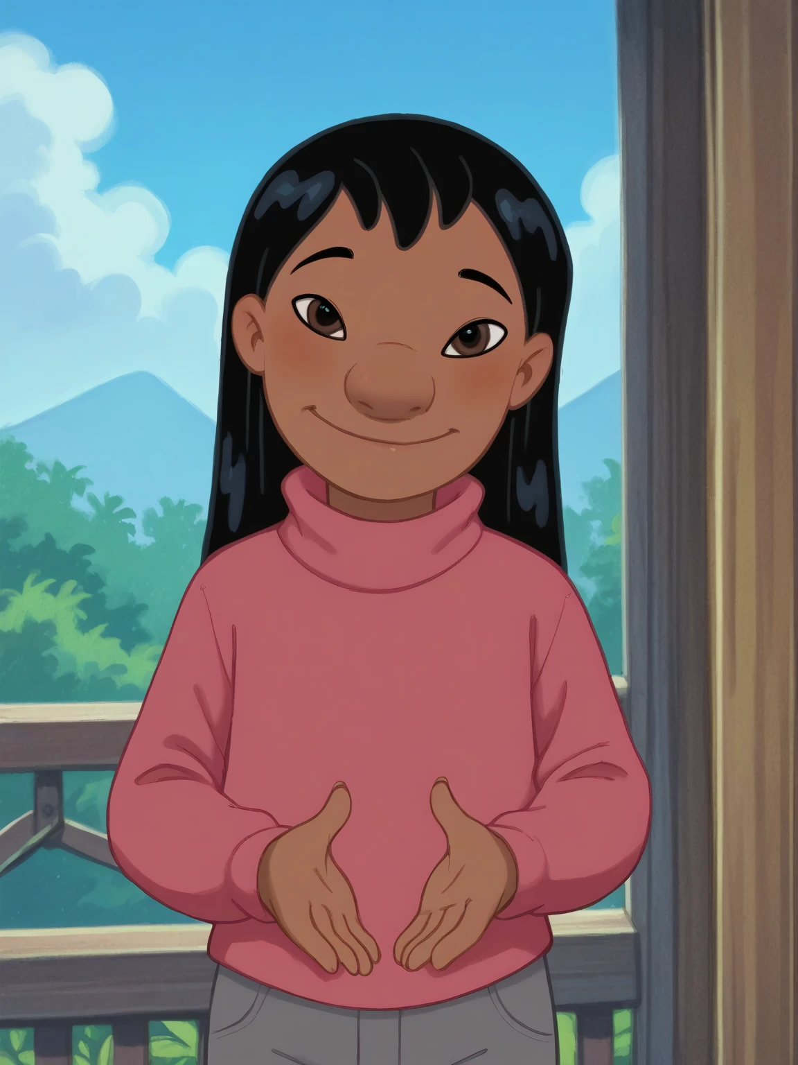 score_9, score_8_up, score_7_up, rating_explicit, source_anime,detailed skins, body blush,cowboy shot, flat chest,  highly detailed, body blush,cowboy shot, looking at viewer, perfect eyes,perfect hands, sidelocks,lilo, long black hair, brown eyes, dark skin, flat chest, Pink turtleneck sweatshirt , Grey pants, Red Ugg boots, smile, Long sleeves