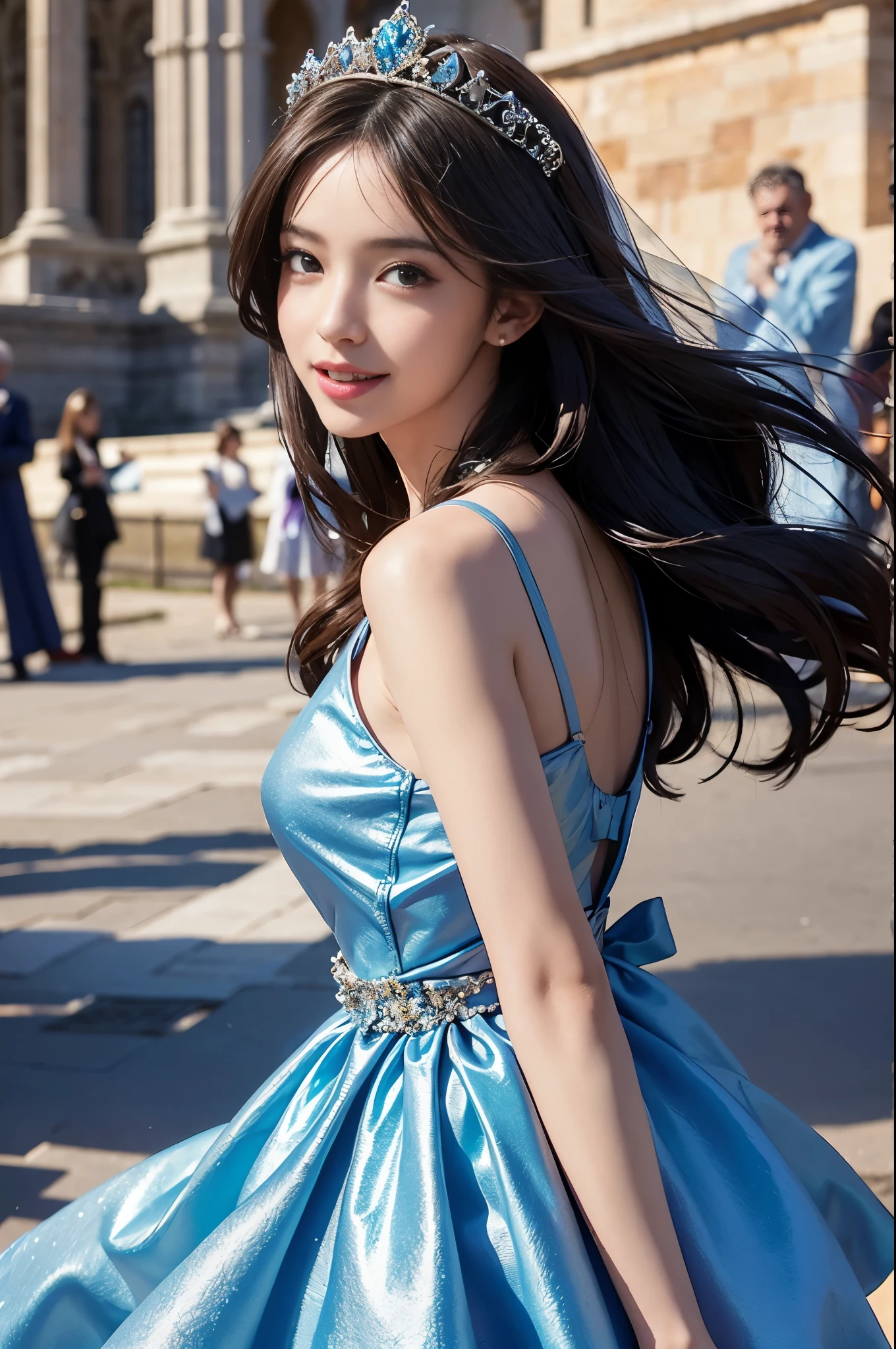 dance, full body, Many people in the background, (Masterpiece, best quality), Superb details, height, realistic, 8ก, HD, 1 girl, long hair, smile, Detailed eyes, detailed lips, detailed face, theme park, summer dress, Thai girl