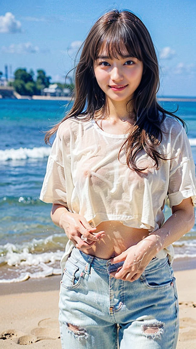 femele,(((Japan１2 ))),Brown hair,(((maikurobikini))),(((shortpants)))(((White T-shirt)))Hair fastening to bangs,ＴThe shirt is sheer.Wet with water,sand beach,Natural smile,((())),Beautiful udder,Shorthair,