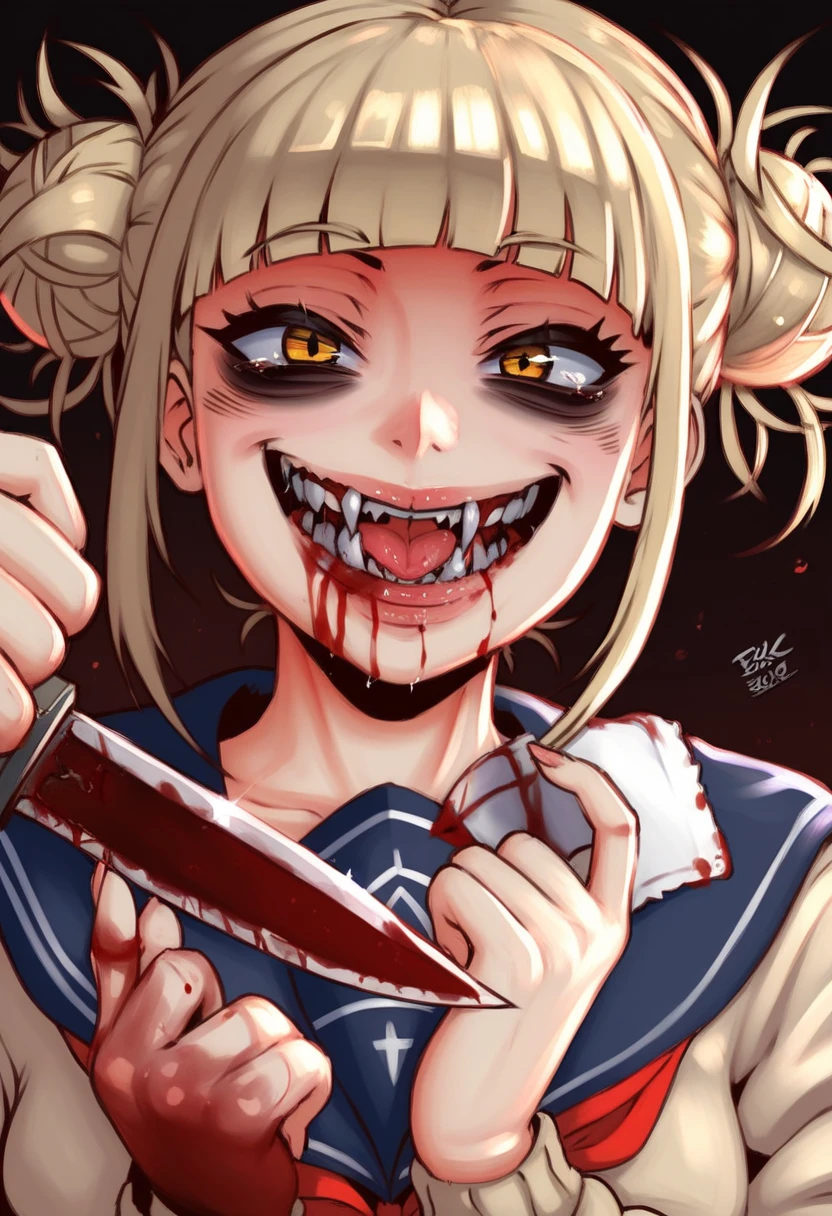 1 girl, upper body, blue eyes, brown hair, long hair with bangs, flowing hair, standing in the stairwell in the entrance, white walls, iron railings, dressed in a dark blue school dress, long sleeves, white cuffs, face in blood, sweat on the face, hands in blood, walls in blood, looks at the viewer, scared look, scared smile, detailed, beautiful, atmospheric, gentle tones