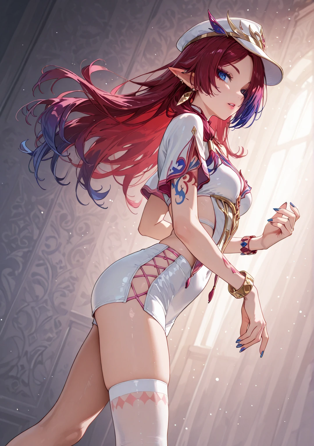 Happy, 8k, super detail, super detail, textured skin, anatomically correct, 8k,love live!, Nishikino maki,(beautiful detailed purple eyes), (best quality), (ultra-detailed), (masterpiece), solo, (dynamic pose), 1 girl, wavy medium hair , shiny skin., big eyes, anime, ( lips:0.6), (blue crop top painted with stars), white harem pants,bracelet, jewelry, veil, curvy body , hip veil