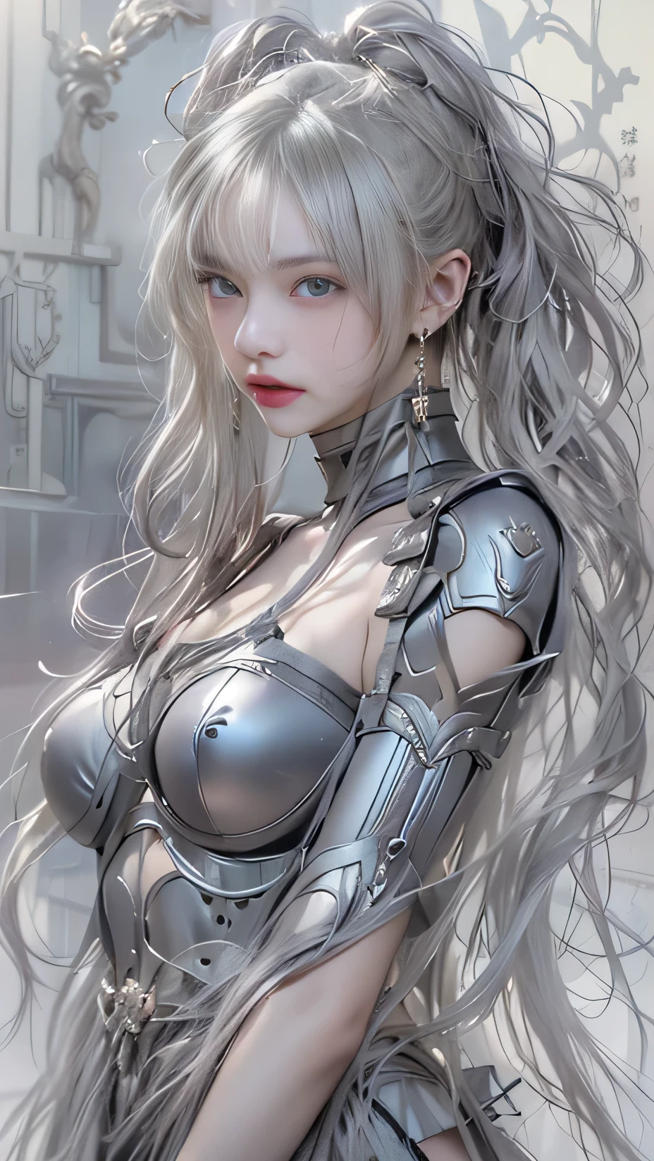 （masterpaintings、need、Ultra-delicate、high resolucion），(((She has long silver hair，A meticulous face，Nice face，The face of a human woman：1.6)))，(((Female giant)))，(The body is made of silver，The arms present a streamlined design，Looks tall and thin，The overall shape is streamlined and modern)，(standing pose)，pose for photos，high-angle，nigth，city ruins，background detail，（（（body complet））），From above，独奏，(((solo dance)))，(((Huge feeling)))
