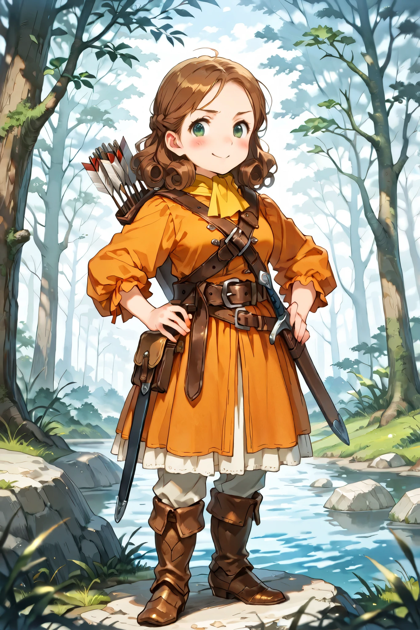adult halfling,  female, white skin, short stature, curly brown hair, green eyes, rosy cheeks, wearing a orange caviler era doublet, leather greaves, grey breeches, leather belt with water skin and small sheath,  shortbow and quiver on back, ranger, standing atop a boulder overlooking a forest, sunny day, [[determined, confident, excited]], (18th century clothes, pirate era clothing), fantasy art, dungeons and dragons, close up