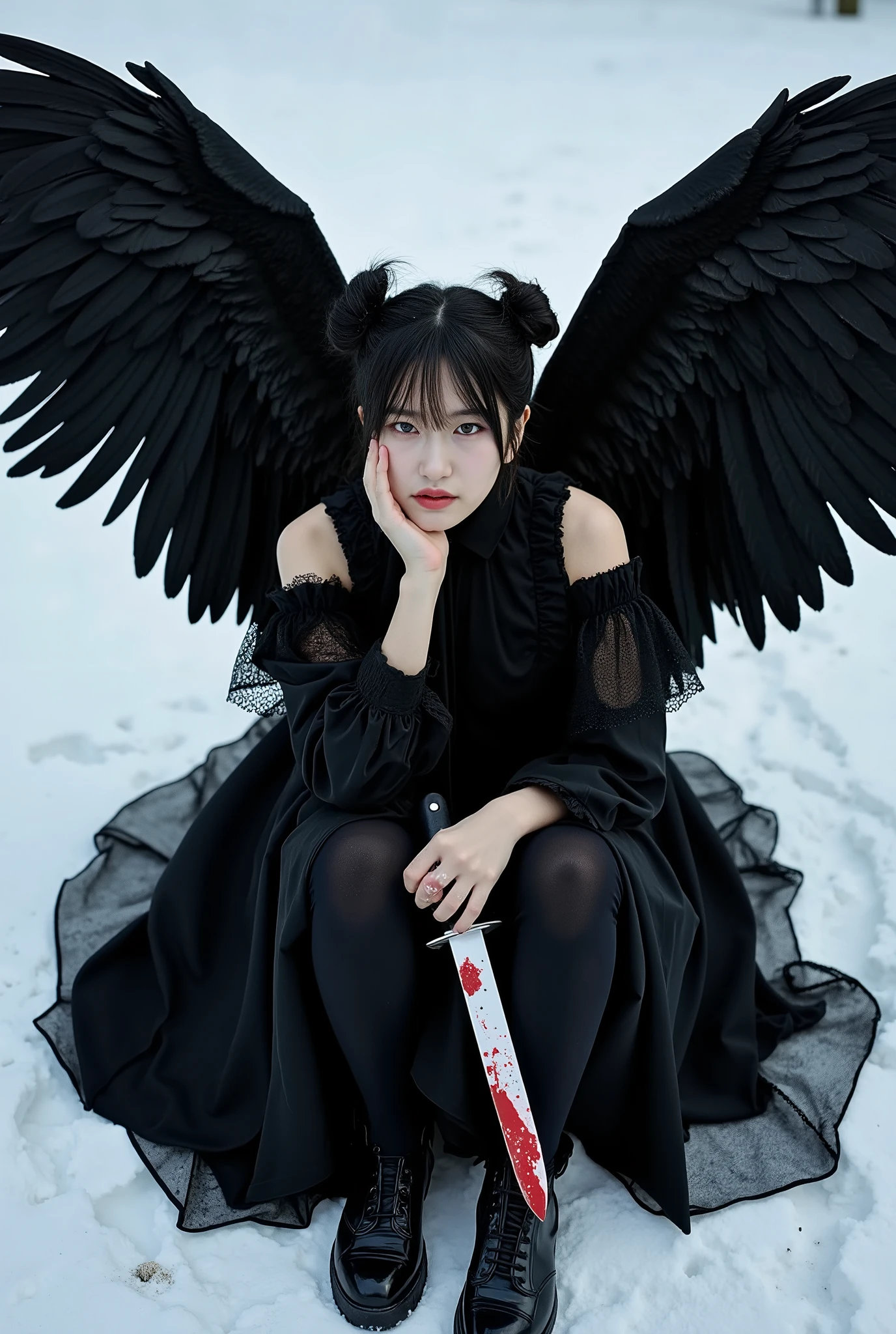 Korean gothic Female angel with Messy Bun hair,wear A shabby black dress in layers, with huge feathers on wings, wings to each other, sitting on snowy ground,hold a knife covered a Crimson liquid, can't take off. Photorealistic image, pixabay contest winner, surrealism, big black wings, with hurt expression, pinterest photo, photo of beautiful, art photography, angle of wings whole, beautiful