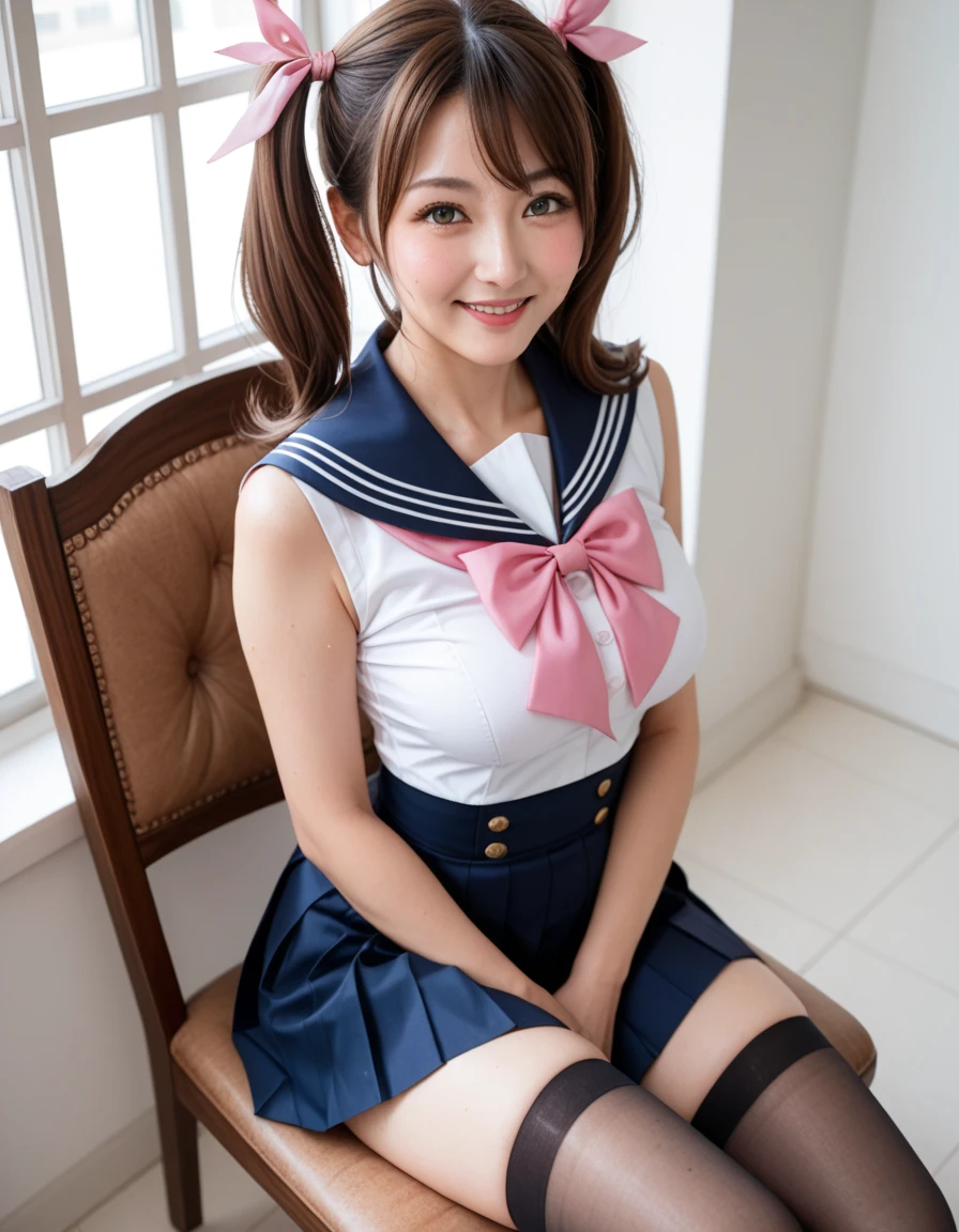 (highest quality,masterpiece:1.3,ultra high resolution),(Super detailed、caustics) (Photoreal:1.4, RAW shooting、)ultra-realistic capture、very detailed、natural skin texture、masterpiece、(junior high school sailor suit:1.3)、1 Japanese girl、adorable expression、expression of happiness、、young face、surprisingly cute、twin tails、curly hair、black hair、Scrunchie、light makeup、Big breasts that are about to burst、Sit on a chair and open your legs to the left and right、Filmed in a junior high  classroom、Shining thighs、summer sunshine、smile、inviting gaze、White panties