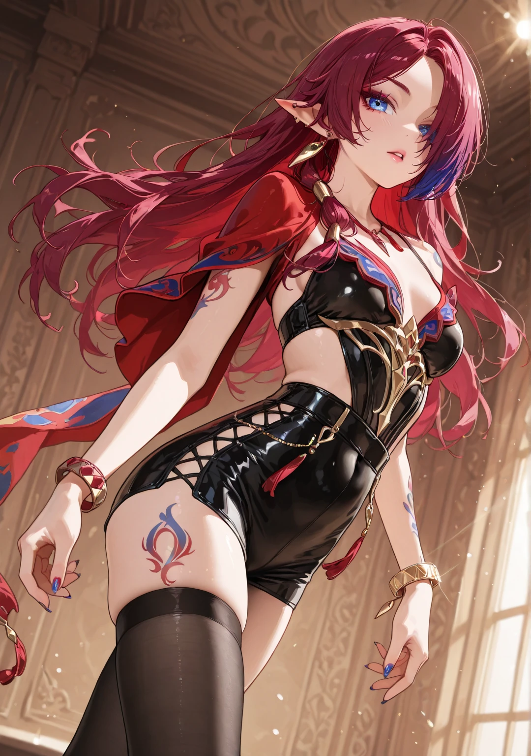 1 adult woman, depicted painting, tattoo, (cinematic), elaborate, magical power, detailed magic circle, vibrant red color,