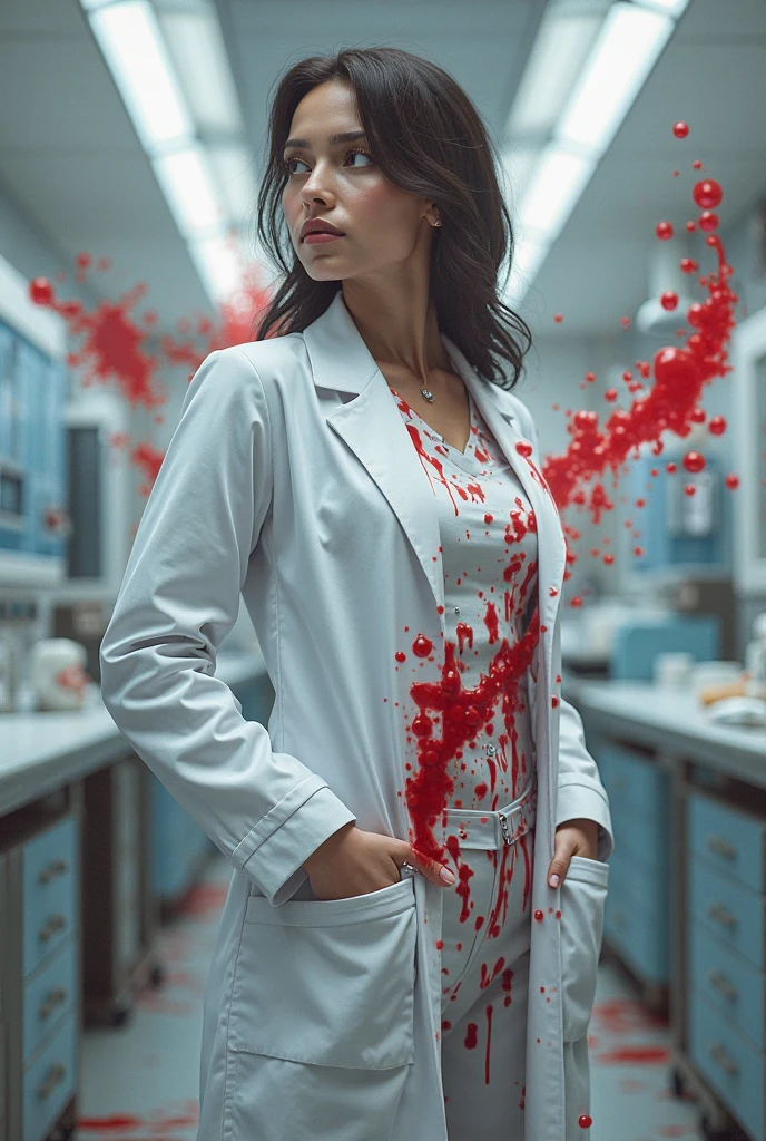 A female doctor who has been raped is lying on the ground, with blood around her, and the female is now lying dead. Uoer ek aadam chadha huaa 