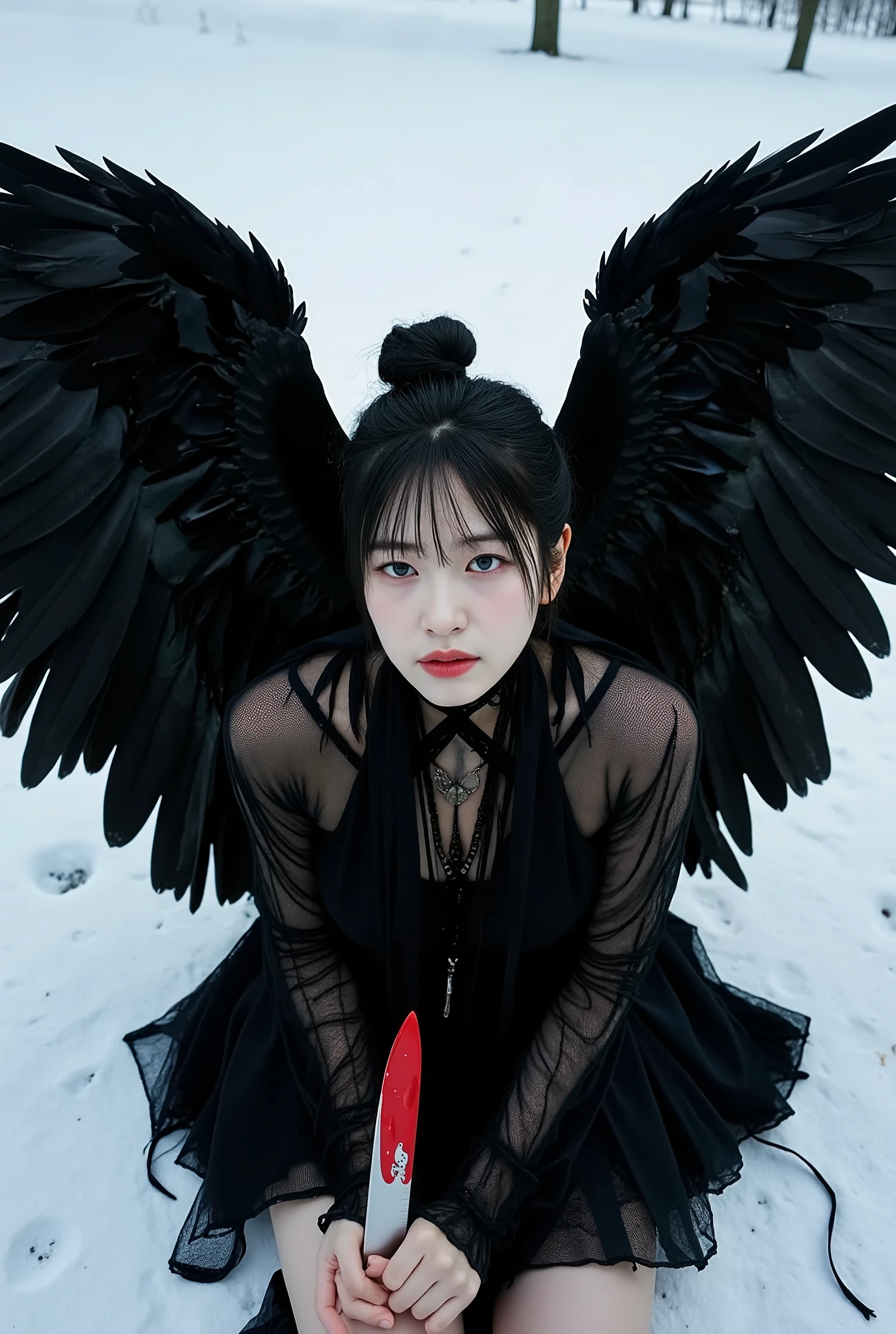 Korean gothic Female angel with Messy Bun hair,wear A shabby black dress in layers, with huge feathers on wings, wings to each other, sitting on snowy ground,hold a knife covered a Crimson liquid, can't take off. Photorealistic image, pixabay contest winner, surrealism, big black wings, with hurt expression, pinterest photo, photo of beautiful, art photography, angle of wings whole, beautiful
