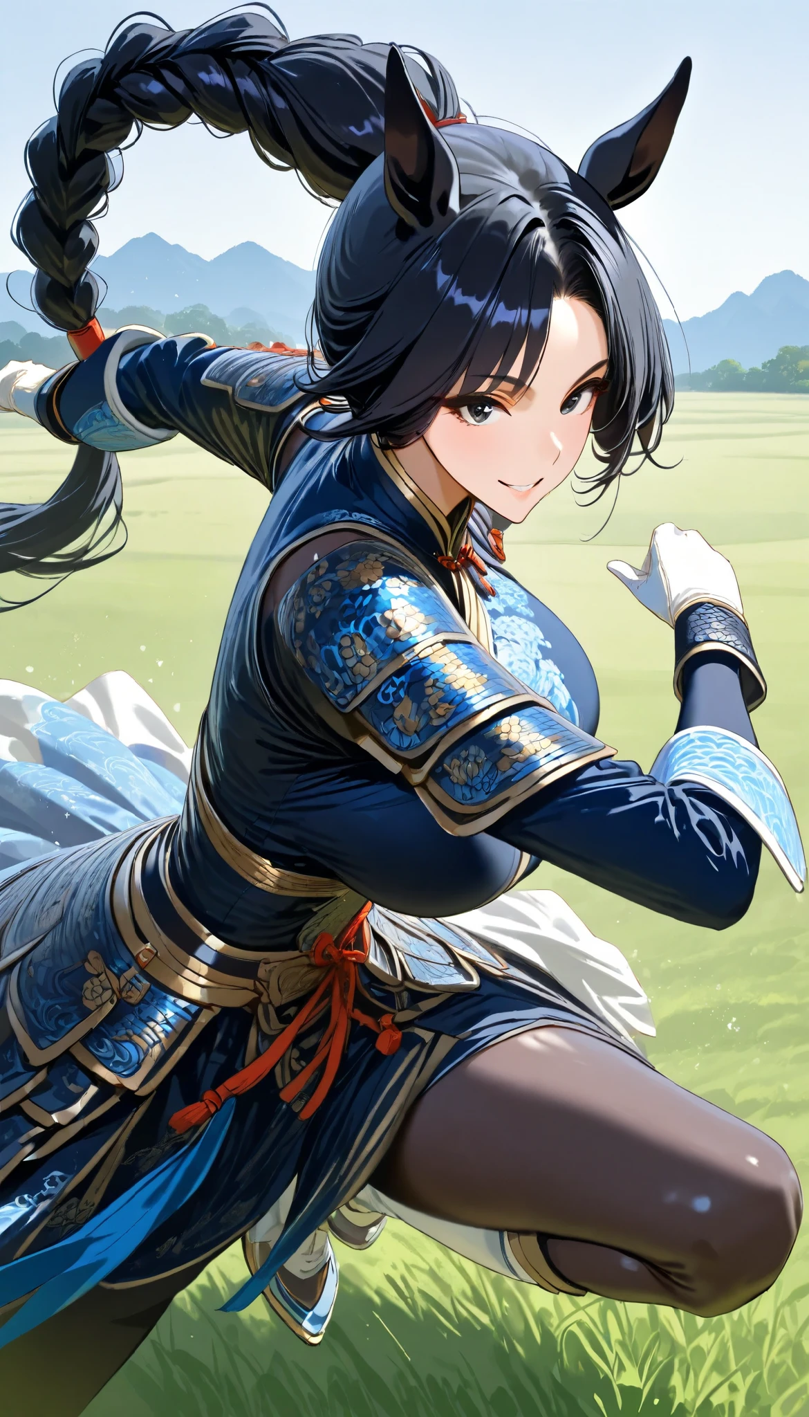 A Horse Female with Horse ears,Perfect body,Big Oppai, (black long hair, parted bangs,Single braided ponytail), Black eyes, Wearing A black Tight Robe(Light Chinese Armor),White boots, White gloves, Running on the grassland, Bright smile,Running stance, UHD, SOLO, anatomically correct, masterpiece, textured skin, high details, highres, 1080P, 16k, accurate,Beautiful face, Perfect face, Highly detailed beautiful face and eyes, Attractive face, Detailed face, Delicate facial features, Detailed skin,Cowboy shot,from side, (((hbig bosom)))