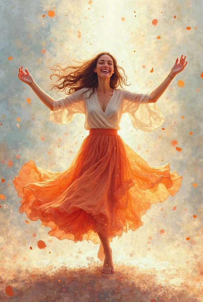 Woman on her back with open arms jumping happily, light blue dress, Light brown bun hair, dry leaves on the ground and falling 