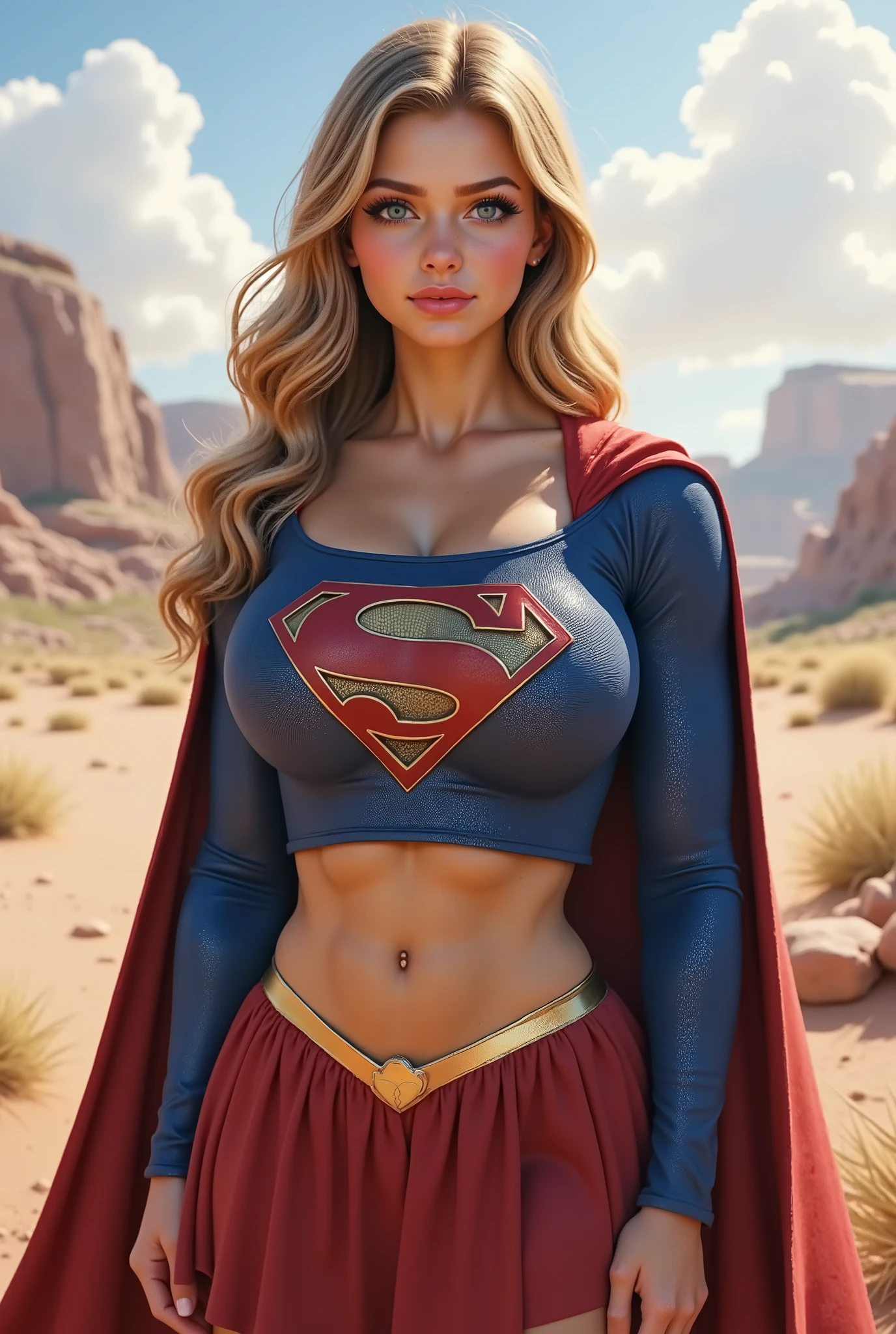 (FULL VIEW) Create a highly detailed, 3D rendered illustration of Supergirl, a 17-year-old blonde-haired, blue-eyed ager wearing glasses, with an emphasis on 8K resolution and realistic textures. Consider incorporating subtle facial expressions, dynamic poses, and intricate costume details that accurately reflect the character's comic book appearance. ANIME CUTE AND SEXY
