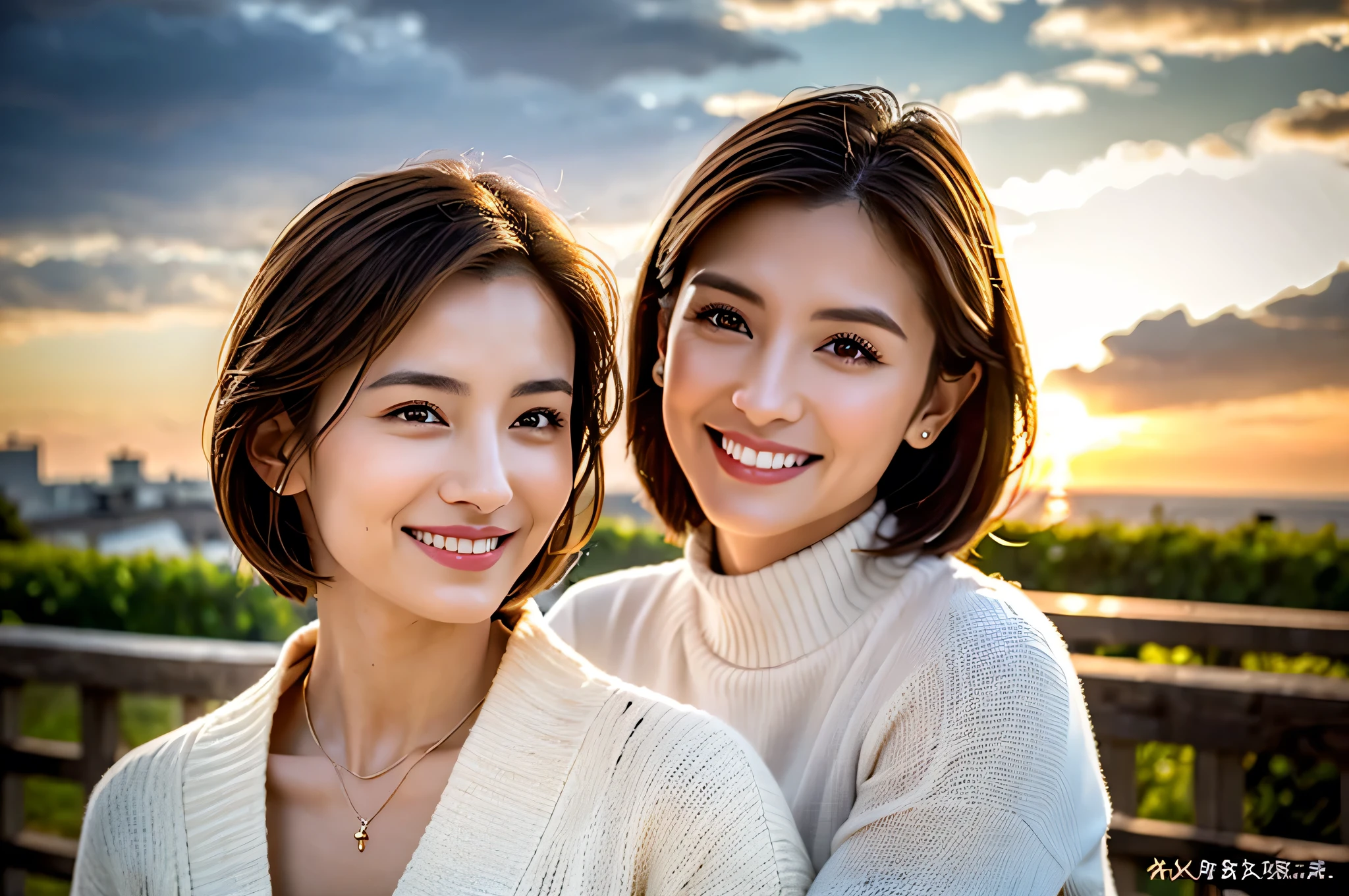 (Realistic:1.1),(masterpiece,Highest quality),8k,(37 years old), 42 years old, slimカップル、Model Couple、Actress/Actor、Tight waist,Upper Body,full-course dinner、wine 、Amazing view of the sunset sky and clouds、Perfect Anatomy, Brown Hair, Short Hair,Random Hairstyles,((Highly detailed face and eyes:1.2))(cute顔:1.4),Beautiful actress face,Perfect golden ratio face,Long sleeve shirt、dress,(smile:1.2)、Shortcuts、cute、(Realistic, Intricate details:1.2), A bright smile、short hair,Bright Face、赤wine 、Appetizers、Italian food、wine bottle、Champagne、スパークリングwine、(slimな顔), (The body is slim), (Brown Hair), (Shortcuts), Upper Body, 白wine, slim, wineグラス,