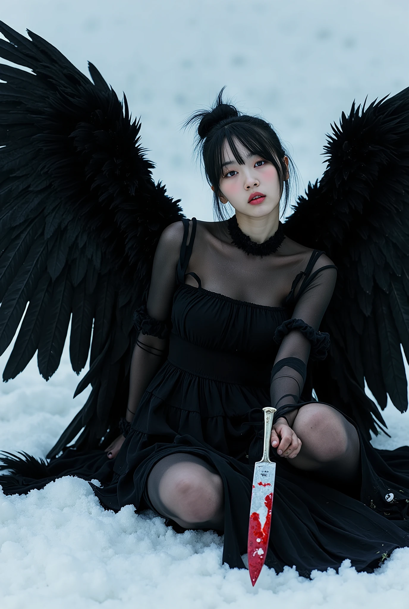 Korean gothic Female angel with Messy Bun hair,wear A shabby black dress in layers, with huge feathers on wings, wings to each other, sitting on snowy ground,hold a knife covered a Crimson liquid, can't take off. Photorealistic image, pixabay contest winner, surrealism, big black wings, with hurt expression, pinterest photo, photo of beautiful, art photography, angle of wings whole, beautiful
