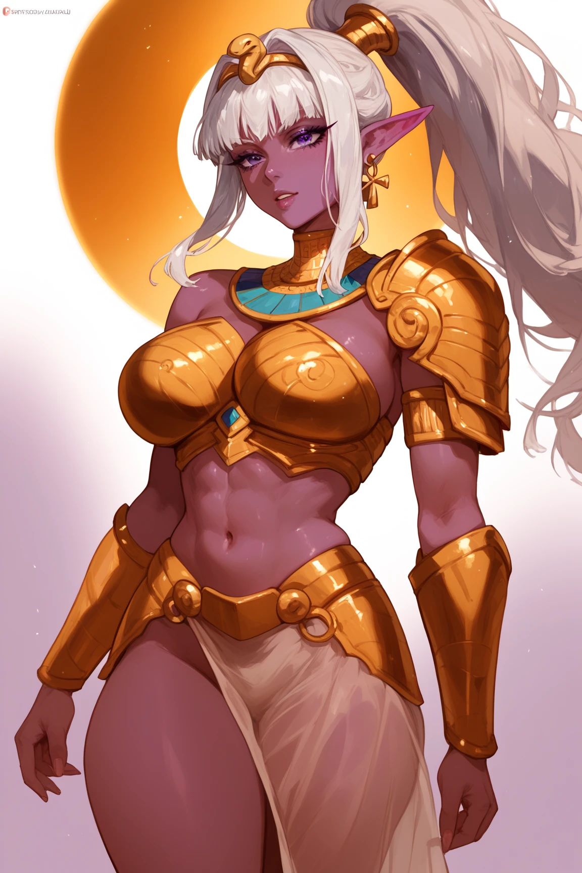 extremely long hair , ponytail, perfect anatomy 1 girl tall solo, slim thick, ((muscular)) high elf toned body, silver breast plate, blue cape, slendered abs, hourglass waist, detailed face, defined cheekbones, puffy lips, gauntlets, gold crown, shadow over eyes, looking at viewer, masterpiece, white thigh highs lingerie,