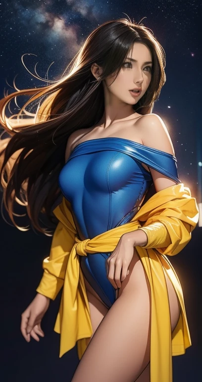 masterpiece, best quality, highly detailed, ultra high resolution, (photorealistic: 1.8), unreal_engine, photography, realistic_skin_texture, wallpaper, 1 boy, hayato kasukabe, japanese face, (ultra detailed face), 8k, trending on artstation, highly detailed , best quality, ultra detailed, realistic, Hitomi Kisugi, 1 girl, beautiful girl, long black hair, beautiful detailed eyes, beautiful detailed lips, eyelashes, beautiful eyes, beautiful brown eyes, detailed face, beautiful face, beautiful face, blue bodysuit, dressed in blue, off the shoulder, a thin yellow sash around the waist, bright colors, HDR, studio lighting, sharp focus, in action towards the spectator, posing towards the spectator.