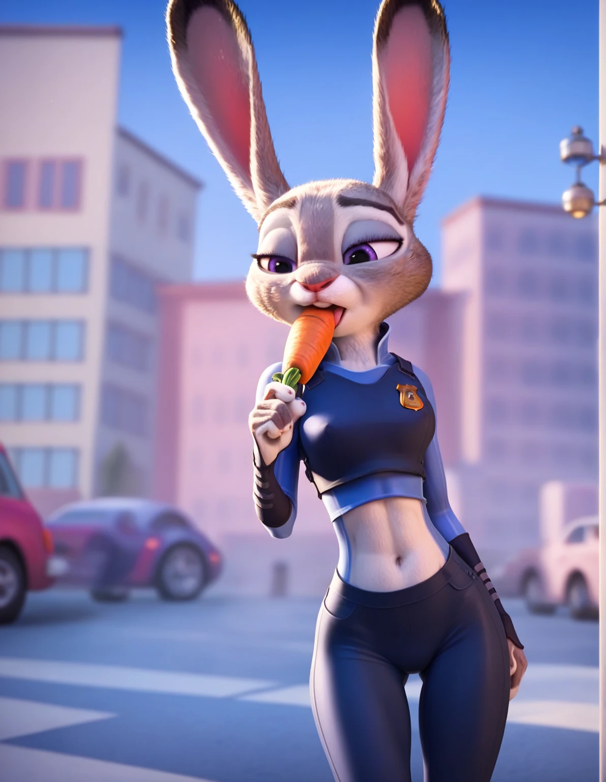 score_9, score_8_above, score_7_above, score_6_above, cinematographic,natural skin texture, hyperrealism, professional photography, depth of field, bokeh, photorealist,realist, BREAK female anthro rabbit,zootopia style,JudyHopps, half closed eyes, den in heat, detailed gray fur,JudyHopps, tight sports leggings, crop top,covered perky nipples,thigh gap, (sucking a carrot:1.2), holding carrot, tongue out
