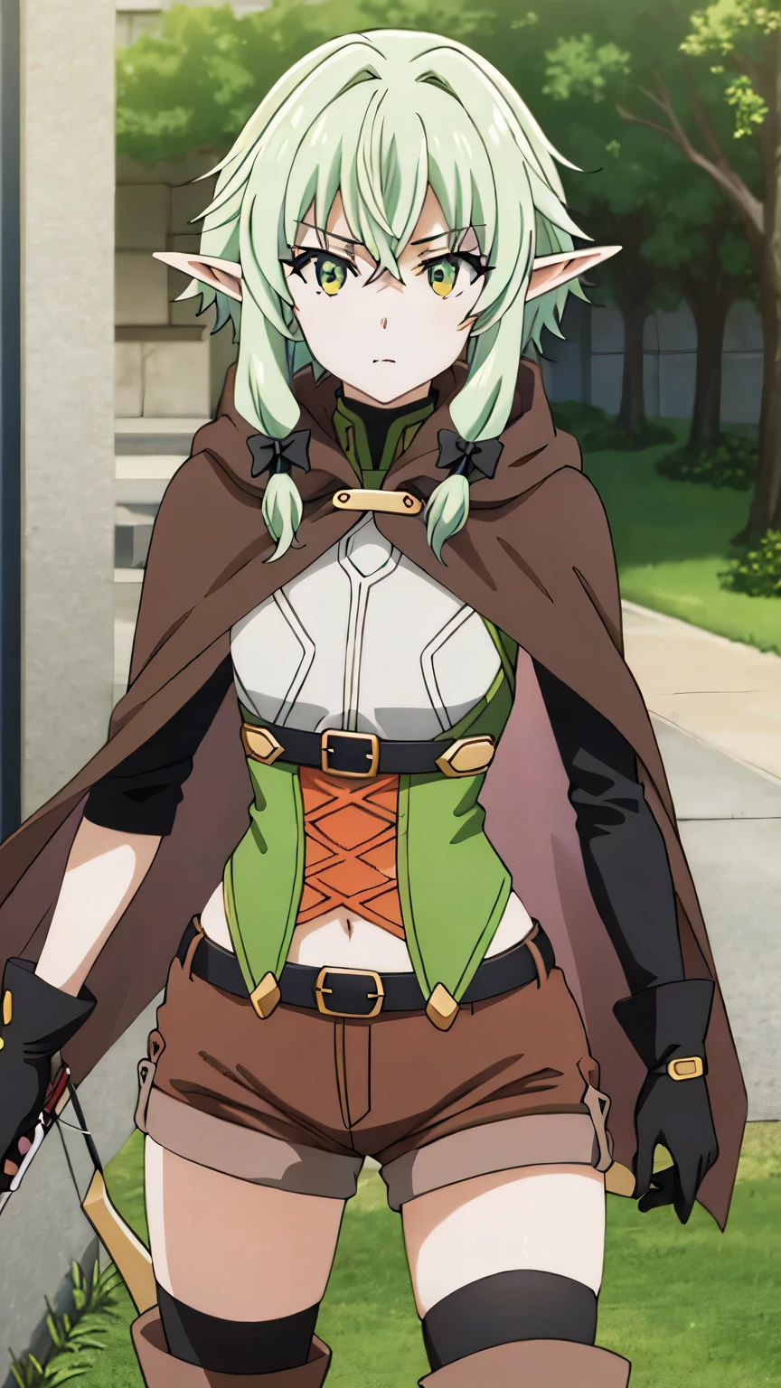 Kanye, anime_style, not_blurry, small_pointed_ears, light_blonde_hair, short_hair, light_blue_eyes, not_blurred_eyes, brown_scarf_with_a_gray_white_stripe_in_the_center, green_shirt_with_long_curls_and_turquoise_stripe_in_the_center, grayish_white_cloak, brown_belt n, blue_pants, gray_brown_high_boots, brown_bow_for_hair, body_not_blurred, face_not_blurred, looking_at_the_viewer, mouth_open+, hypnosis_walk, arms_straight, arms towards the viewer, Mesmerized, inside_an_old_bar