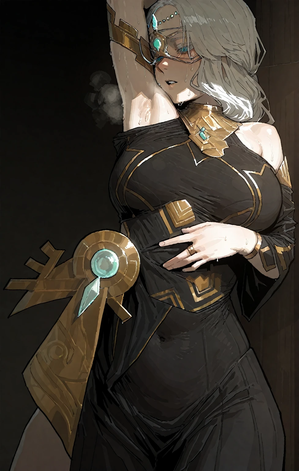 a woman in a black dress with a white hair and a sword, unreal engine render + a goddess, cinematic goddess body shot, with glowing runes on the body, flowing robes, hyperdetailed fantasy character, render of mirabel madrigal, white and gold priestess robes, fantasy outfit, glowing lights in armor, 4K, (sharp), high quality, anatomically correct, 8k, highres, masterpiece, close up