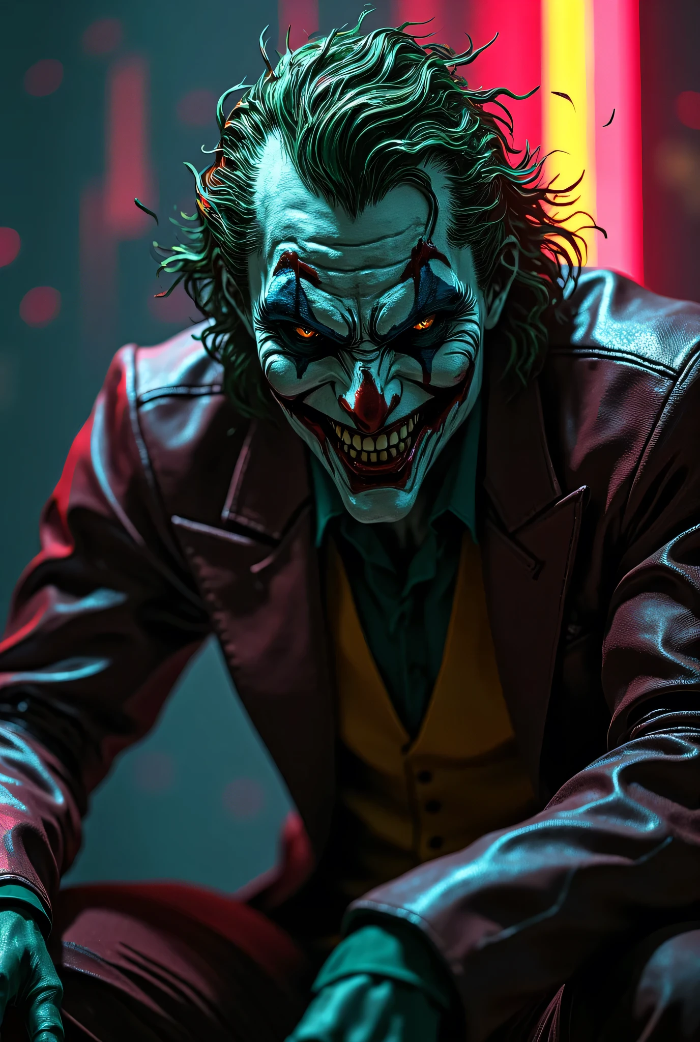 the joker, the dark knight, crazy smile, sitting, dim light, epic cinematography, best quality, 4k, hdr, studio lighting, ultra-fine painting, physically-based rendering, extreme detail description, professional, vivid colors, bokeh, cinematic, dark and moody atmosphere, dramatic lighting, intense focus on face and expression, chiaroscuro, gritty and grungy, comic book styled, dramatic shadows, neon accents, saturated colors, intense contrast,