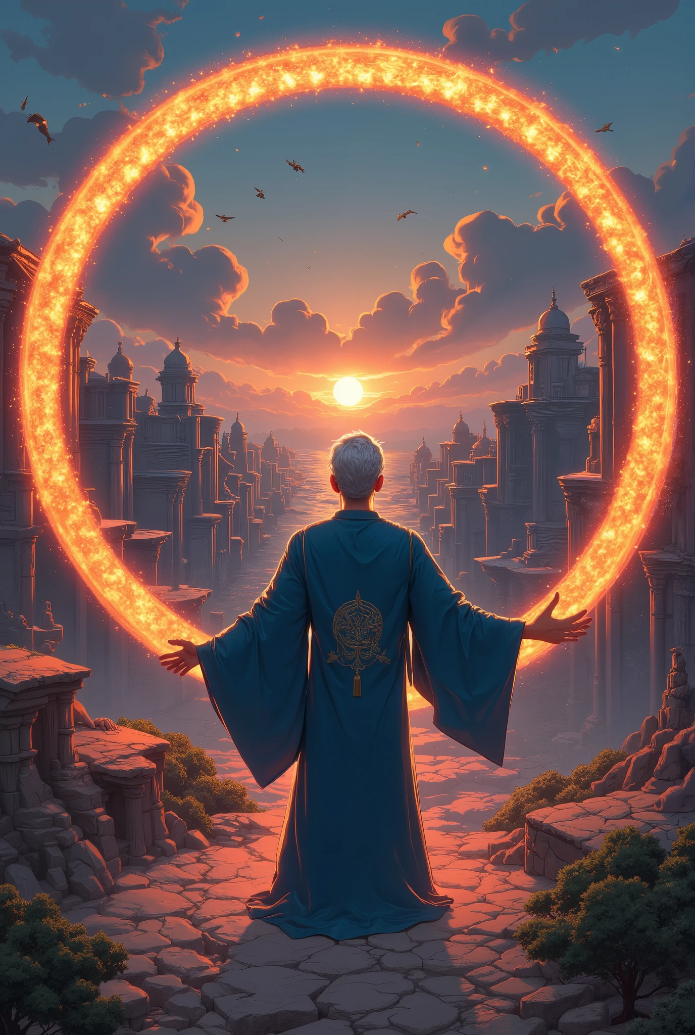 top quality photography ,realistic world,(8k rendering,photorealism,UHD,HDR,realistic lights) in front of us is with our back and slightly on the side , an handsome magician with a gray hair , in a deep azure blue robe embroidered with mysterious symbols , his hand is stretched forward : in front of him inside a huge circle of fire ( wheels of fire and sparks , flying to the sides ) we see a completely different world (in this world, the sunny weather ,Birds are flying, everything in the circle is completely different from the rest of the frame ) ,unusual buildings ,Strange architecture,( portal to another world ), all this against the background of the ruins of an ancient city covered with a small forest, on earth, there are parts of human skeletons (epic scene ,lots of small details,bright saturated colors, magic) photorealistic shot ( The world within the circle is completely different from other buildings with the weather)