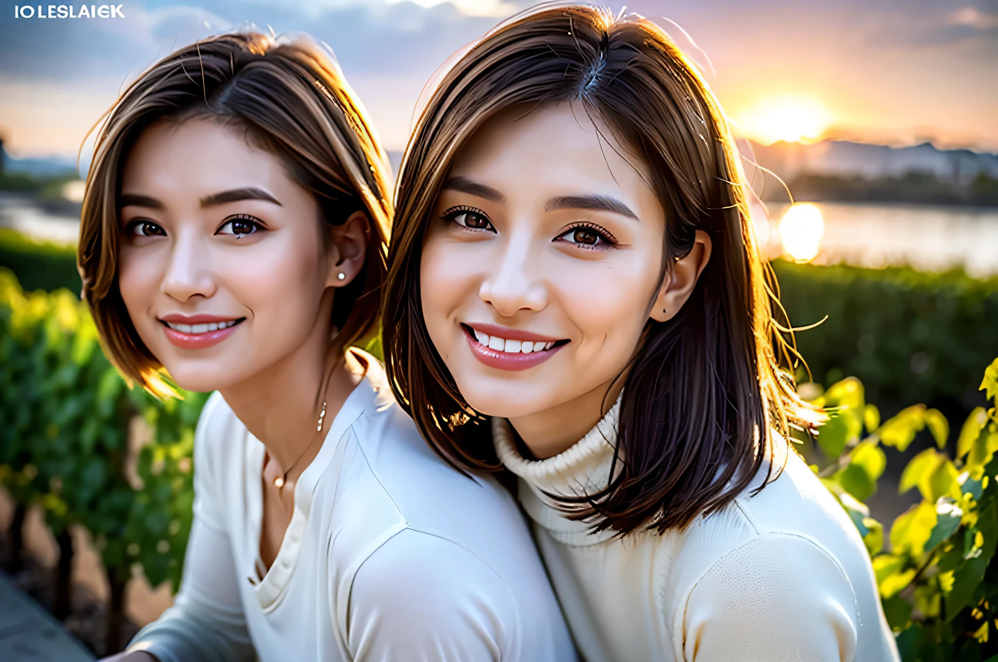 (( wine glassesを持っている)),((White Wine)),(( wine glasses)),(realistic, superrealistic:1.4), 16K HDR, high image quality,turtleneck shirt,Age 33,Age 35, Japanese Beauty,happy smile, short hair, best smile、slim couple、Model Couple、(realistic, intricate details without hiding the body :1.2), Stunning views of the sky and clouds at sunset, DSLR Camera ,Use volumetric lights ing, Sharp Concentration, super Realistic skin, VERY BEAUTIFUL EXPRESSION, cloud effect :1.2、professional quality high image quality、Highest quality, slim body ,High quality face,detailed eyes, beautiful lips, SUPERIOR LIGHT PARTICLE , Movie Lighting,(RAW photo), (realistic), (masterpiece), ( volumetric lights ), Portrait , layered hair , brown hair, beautiful eyes, order,Very beautiful eyebrows, Very beautiful skin, Very beautiful mouth, Very beautiful nose,happy smile, ( Thick lips),