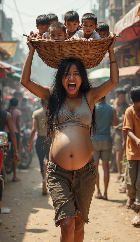 A beautiful,a big fat woman in a Wonder transparants Woman costume is blowing up a long, transparent oval balloon. The background is on the outskirts of the village, a typical Indonesian rubbish dump, there is an old yellow truck with the words "VILLAGE CLEANING SERVICE"