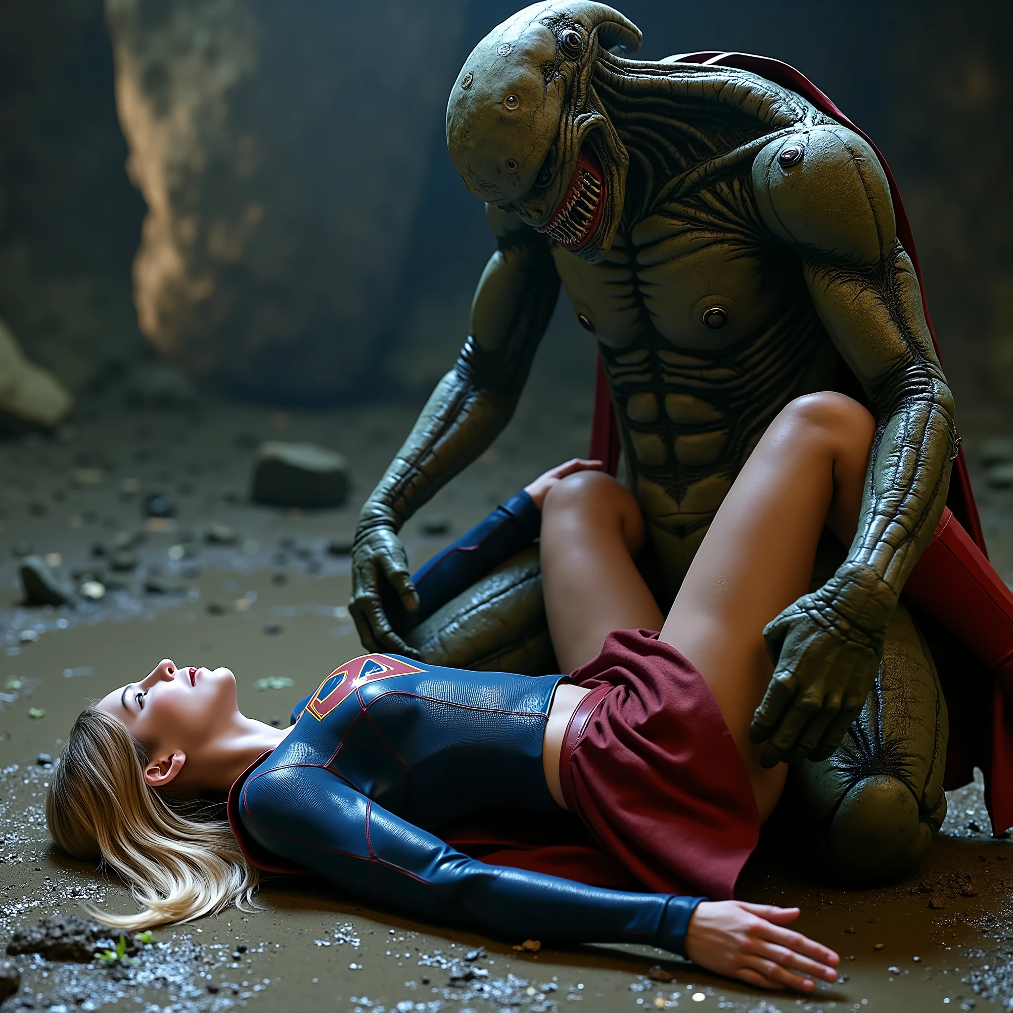 Supergirl is raped by an alien monster, very bright white skin, her legs are spread out wide, can see whole body, She is wearing a thin black pantyhose, short red skirt, red knee height long boots, blonde hair, She is unconscious, eyes close, seriously injured, painful, a fierce Alien Monster kneeling attach to Supergirl body between her thighs, cum on her stomach, photorealistic, hyperrealism, night time, underground cave,