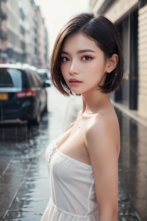 ((Best quality, 8k, Masterpiece: 1.3)), Sharp focus: 1.2, A beautiful woman with perfect body: 1.4, Slim abdomen: 1.2, ((Layered haircut, Large breasts: 1.2)), (no bra) (Small and beautiful hard nipple) (Thin and damp button up to shirt length: 1.1), (White shirt wet by rain), (Rain, Street: 1.2), Wet body: 1.1, Highly detailed face and skin texture, Detailed eyes, Double eyelid, tanned skin, sexy, tan