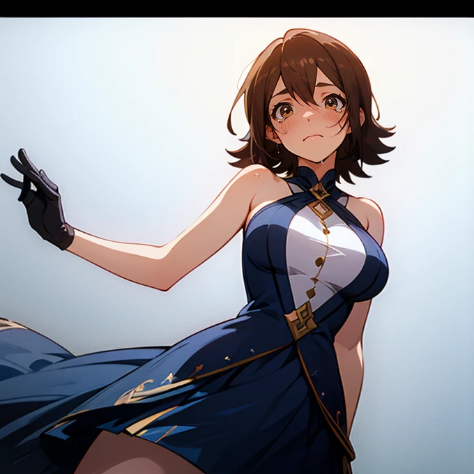 Hiyama_Hikaru, huge_breasts, standing, solo, Blue_leotard_Yellow_microskirt_White_elbow_gloves_White_thighhighs_Garter_straps_Bracelet_Feathered_wings_Navel_cutout, masterpiece, best quality, detailed face, detailed eyes, highres,