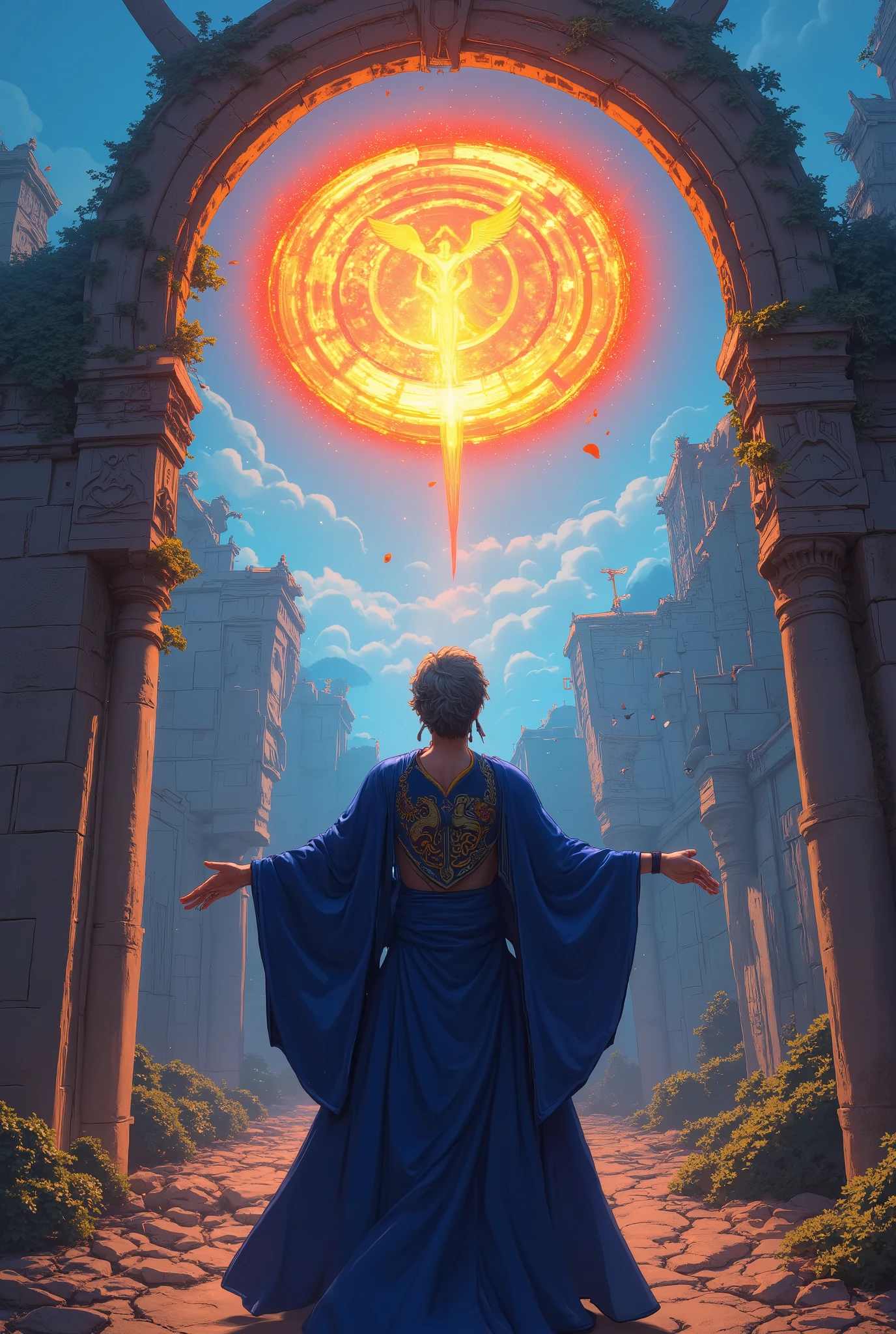 top quality photography ,realistic world,(8k rendering,photorealism,UHD,HDR,realistic lights) in front of us is with our back and slightly on the side , an handsome magician with a gray hair , in a deep azure blue robe embroidered with mysterious symbols , his hand is stretched forward : in front of him inside a huge circle of fire ( wheels of fire and sparks , flying to the sides ) we see a completely different world (in this world, the sunny weather ,Birds are flying, everything in the circle is completely different from the rest of the frame ) ,unusual buildings ,Strange architecture,( portal to another world ), all this against the background of the ruins of an ancient city covered with a small forest, on earth, there are parts of human skeletons (epic scene ,lots of small details,bright saturated colors, magic) photorealistic shot ( The world within the circle is completely different from other buildings with the weather)
