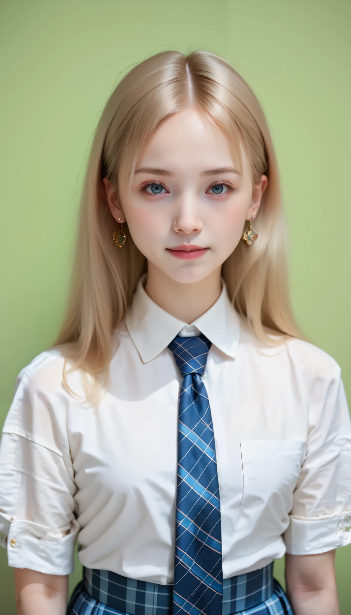 photorealism,(((Perfect Anatomy)))、1 girl, has long blond hair and pink tips,natural pose, I put on a white shirt and rolled up my sleeves, blue plaid skirt, Loose blue tie, earrings, gentle flushing tide, Bright and cheerful expression, green background , Vibrant youth々 atmosphere, close-up composition 、 beautiful lace dress with floral pattern , sharp concentration, Physically-Based Rendering, Extreme Details DESCRIPTION, professional,