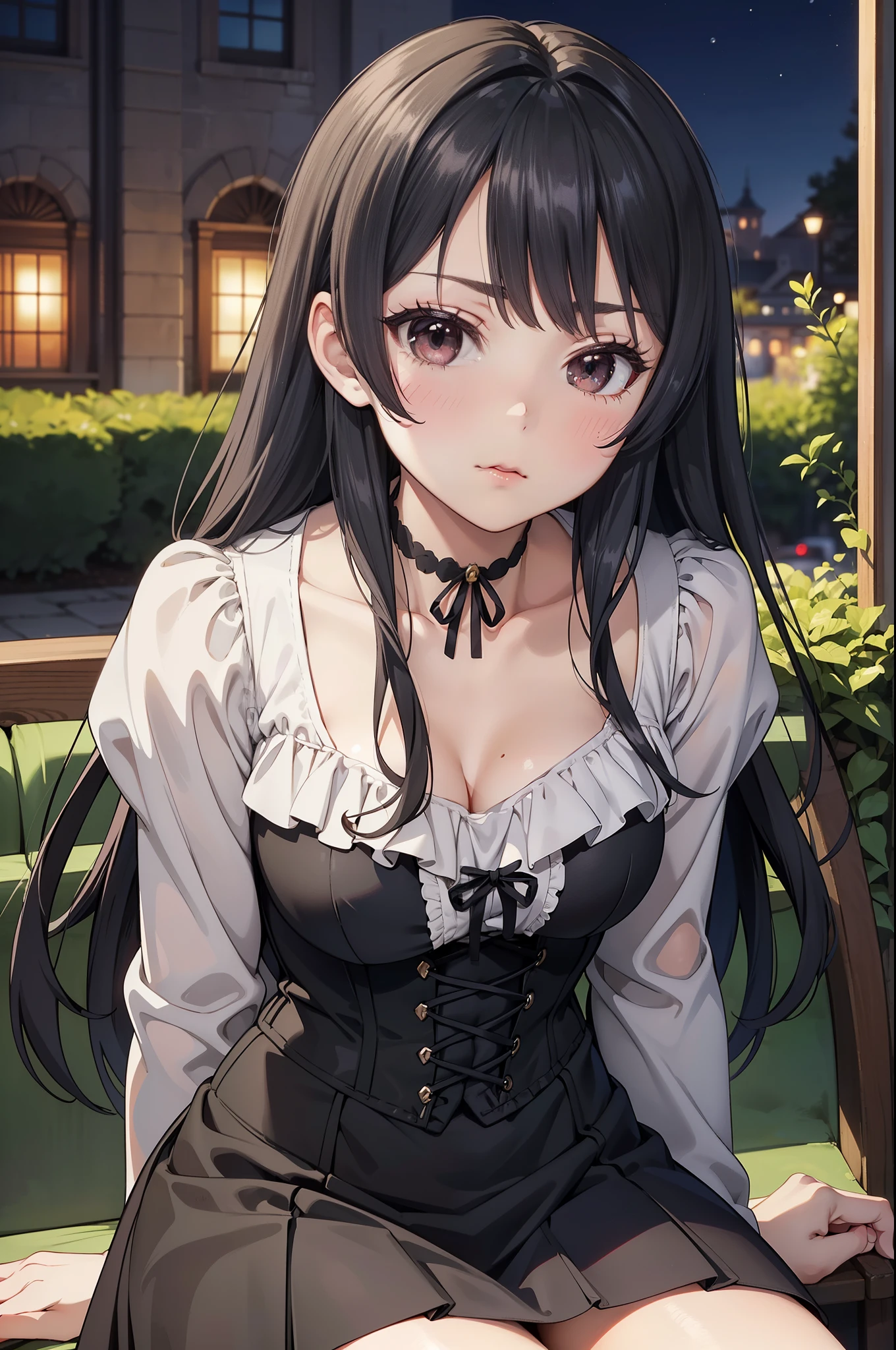 Masterpiece, Anime Style, A young girl, sitting on a stone bench , ( seen from the front ). pretty face, tender expression, (((intense blush on her cheeks))), Long Black Hair, detailed eyes,  black eyes,  choker : 1.6, ((Victorian style dress in red and white)), corset, (long skirt), self-critical , greenish garden,  at night