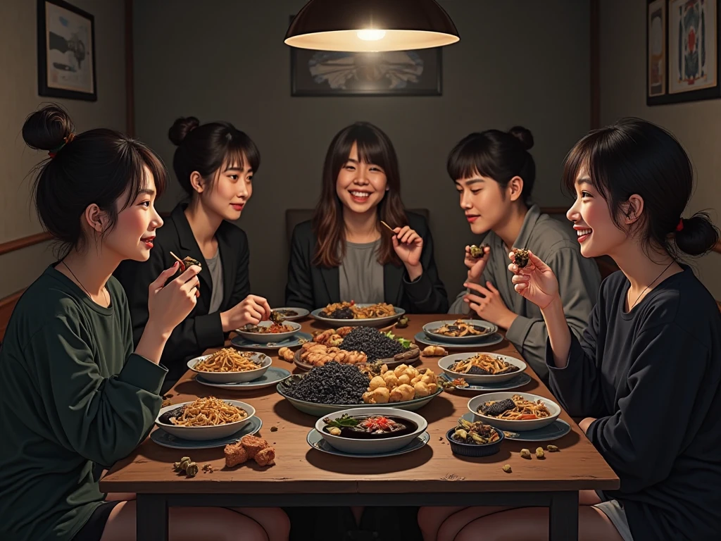 6 beautiful Indonesian women who are a bit fat, loose hair, big nose, wear a flannel shirt, long pants, sit down, and on the table there is a python in a plate and rice, all hands holding spoons, location in an aesthetic restaurant, beautiful night atmosphere,  many people, ultra details, minim diffect, realistic, 8k quality image