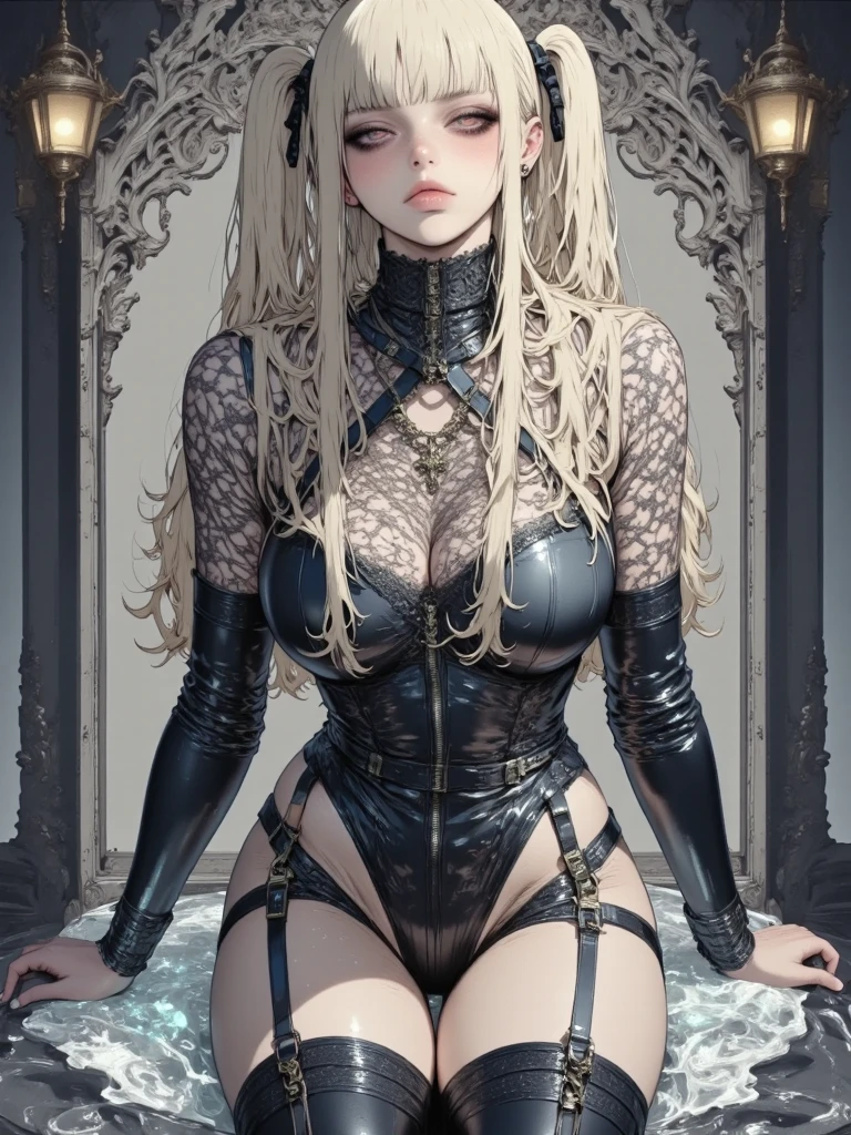 top-quality、Top image quality、masterpiece、girl with((18year old、A queen、dark outfit、prisoner、 Best Bust、Bust 85、a blond、Semi-long、Blue eyes、open chest wide、Valley、Happiness、A slender、Provocative behavior、Evil face、Handcuffed、High laughter、Skull Tattoo、Tattoo of roses、Targeting your audience))hiquality、Beautiful Art、Background with((prison、Dark impression))、masutepiece、Elaborate design、visualart