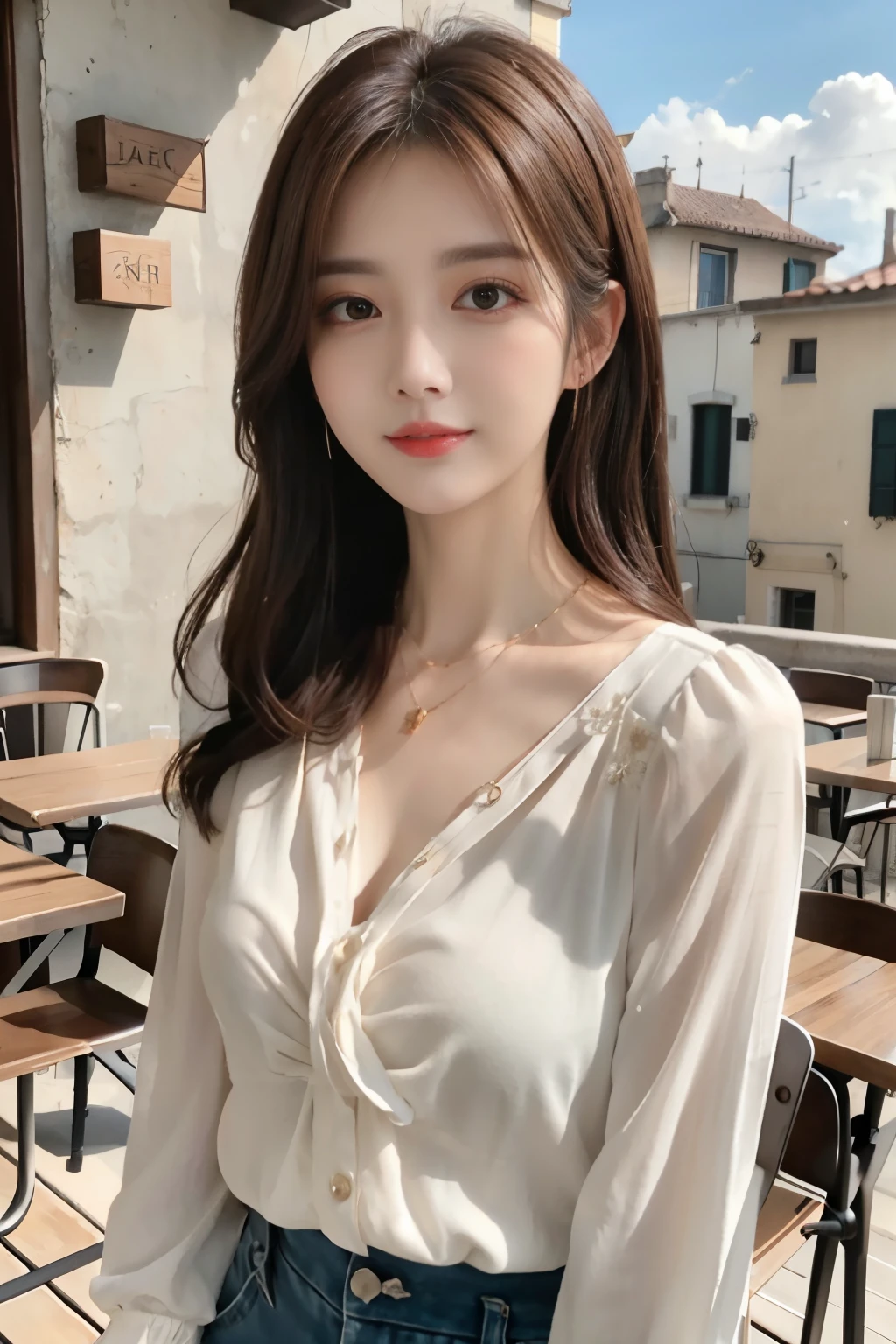 Highest quality, One girl, (Skin Hollow), (Large Breasts), (Day), bright, Background Blur, Outdoor, (street:0.6), (hair:1.5), (blouse:1.5), nice, (hair Float:1.5), Soft Light, Wind, garden, street