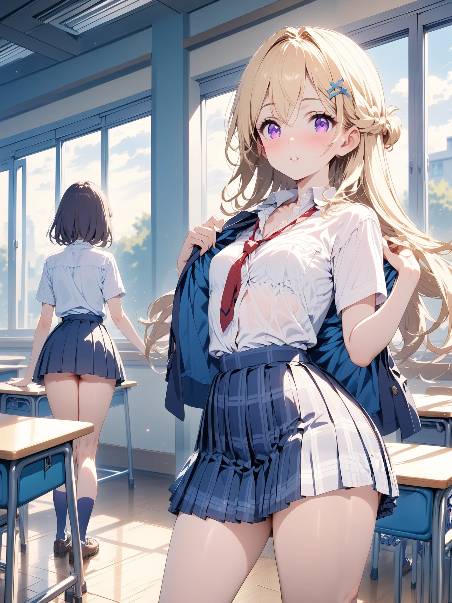 super cute girl, ( amazing atmosphere :1.2), you are an expert photographer shooting my girlfriend, navy blue plaid pleated skirt, Unbuttoned White Shirt, (purple eyes:1.1), ( dark blue high socks:1.1), slim waist , ( slim and beautiful legs :1.4), blonde hairstyle, high school girl, double sided updo, hairpins, standing, Layer a shirt over a skirt, Super slim and beautiful thighs, red loose tie, small breast, classroom, knee shot,