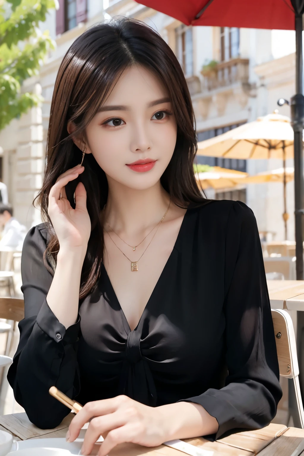 masterpiece, highest quality, Realistic, Very detailed, Finer details, High resolution, 8k wallpaper, One beautiful woman, Wear an elegant see-through black blouse, In a great restaurant, At night, Light brown messy hair, Perfect dynamic composition, Beautiful and beautiful eyes、Big earrings, Sitting in a chair, (Randam body orientation),