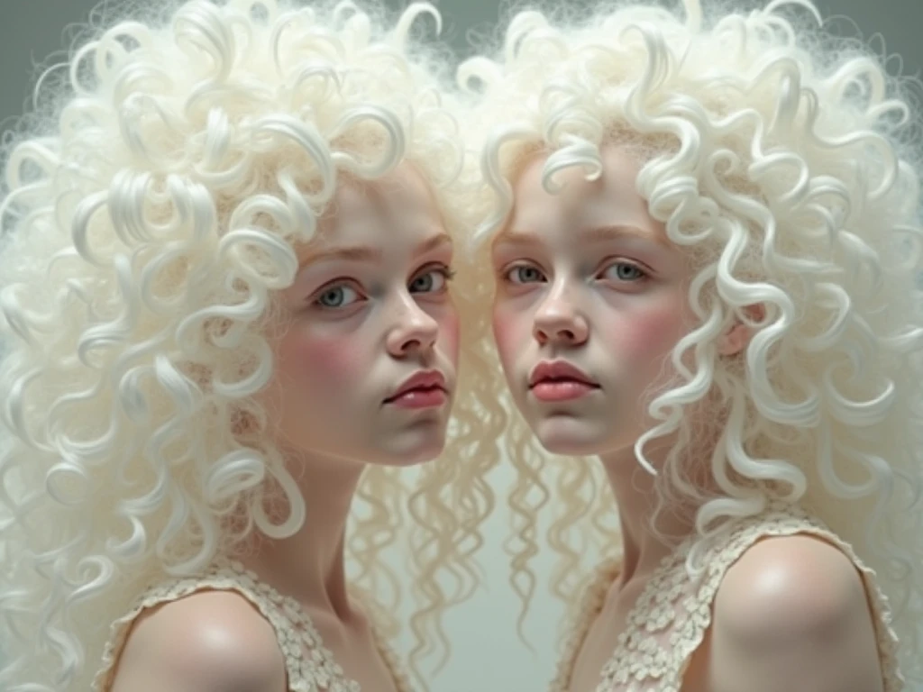 (This is an immaculate horror fantasy image that feels unnervingnand emphasizes glitter and iridescence.) Generate a ((blind)) obscurly perfectnwoman with grey silver curly hair and milky white eyes. Her face is important and is perfectly formed with puffy lips and perfect features. (Her eyes are critically important and are (blank) and (solid white)). The image exudes ethereal beauty and soft fantasy/ aswell as sinister tones of subtle violence. Include sweet and detailed birds/ some with severed heads and soft, luminous flowers with blood drops like dew drops w white highlights. The image's background is decorated in shades of pink, shimmer, glitter, and macabre fantasy details like colored bubbles, skulls and cosmos. Utilize dynamic composition to create a compelling and action-packed image. Dramatic lighting and cinematic lighting enhance the woman's beauty and the soft colors in the artwork. Include fantasy, cute, colorful, colourful, interesting magic background, ((((blank eyes)))), ((((empty white eyes)))), (shirome eyes:1.3), (smirking), (perfectly rendered solid whiteeyes), ((short neck)) wide dental exaggerated smile disturbingly contrasting the entire peice outside of it 