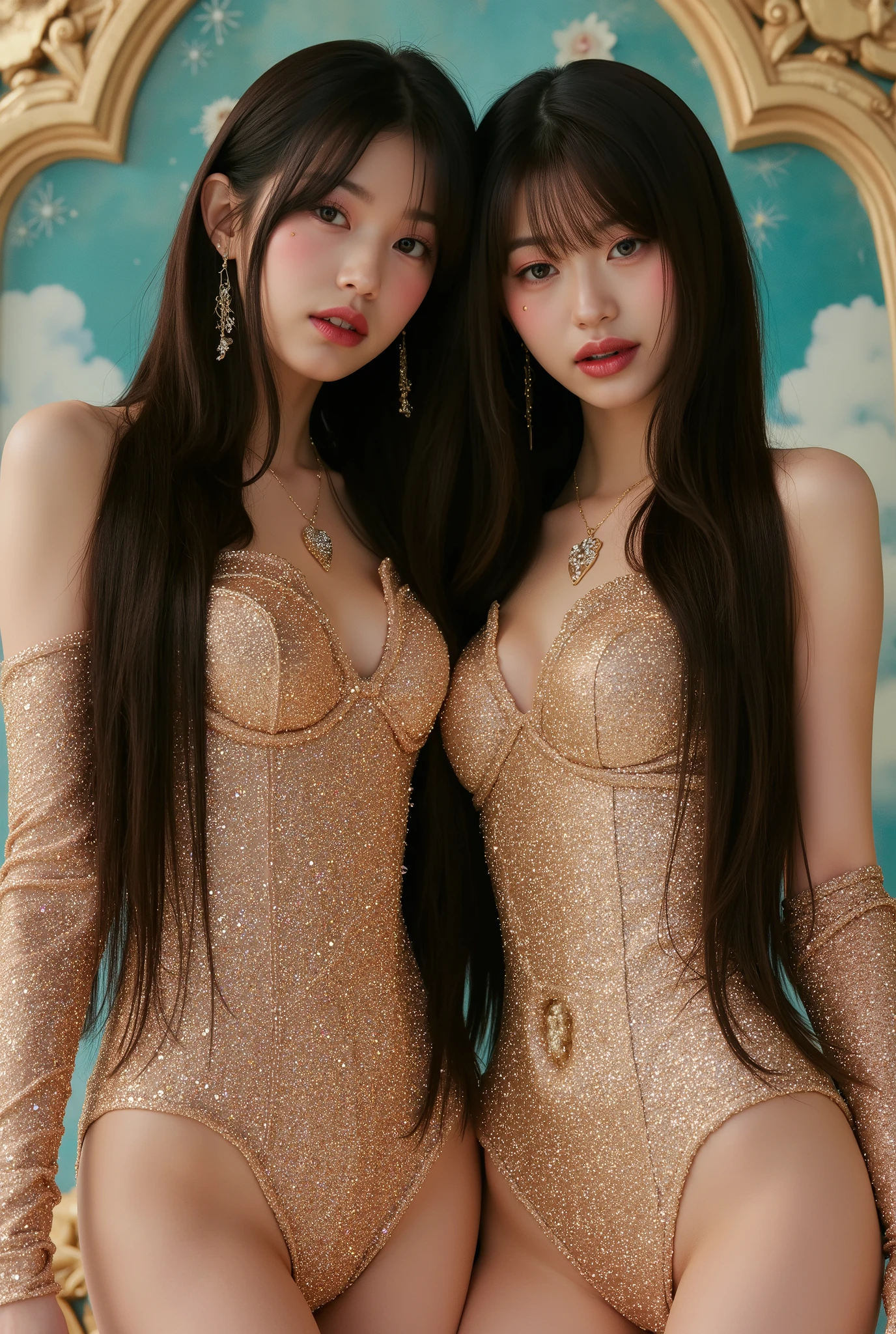 Best quality, masterpiece, highly detailed, realistic, sexy, cleavage, beautiful realistic and enchanting woman in a very sexy sequin sleeveless halter neck silver-golden deep plunging bodycon dress, two sisters, Long messy hair, sparkeling golden glitter on the body, long eyelashes, glittery pink rouge, glittery makeup, seductive smile, with an ethereal aura in a captivating fantasy realm, stylish, cool, edgy, fancy, luxurious, , sexual, seductive,