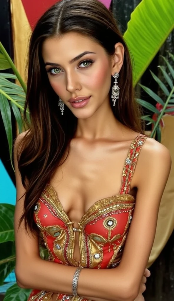 Angelina Jolie, young beautiful, wearing a strapless bra and a grey silk sarong, large breasts, deep cleavage, skinny, high slit, tattoed, (wearing gold jewellery:1.3), bindi, heavy necklace, arm bands, waist band, bangles, standing in her palace balcony, moon in background, smiling
